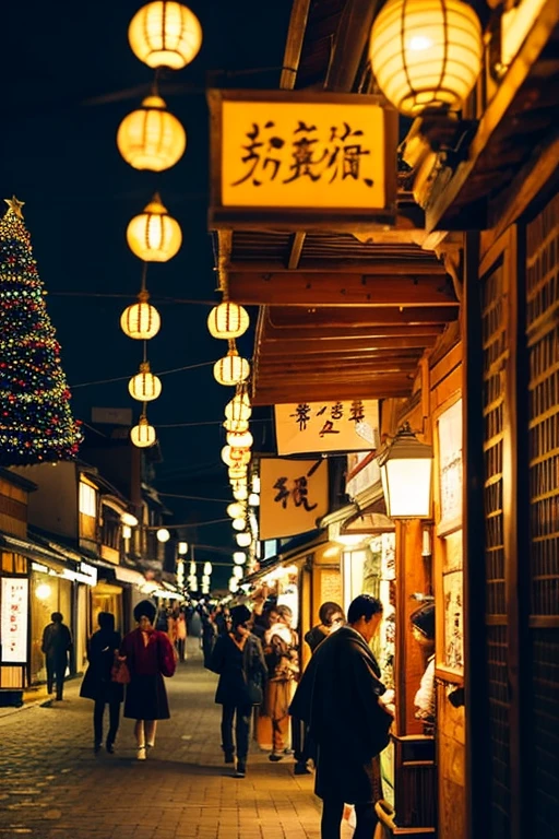 Edo period Japan, a town at night, townspeople coming and going, Christmas lights shining, light colors throughout,