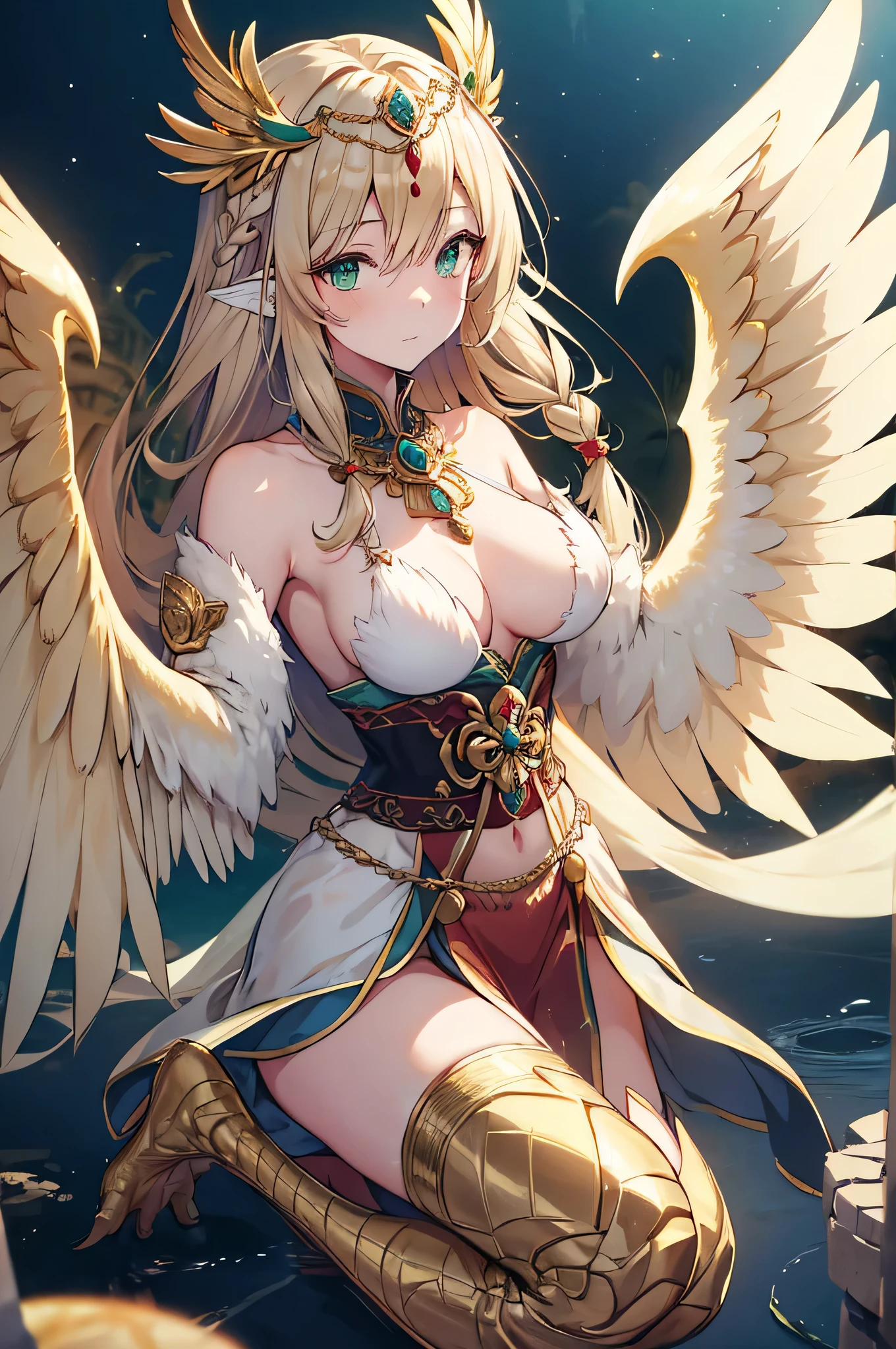 4k,High resolution,One Woman,Harpy,Cream colored hair,long hair,Braid,Green Eyes,Big Breasts,White Wings,Golden toenails,goddess,White goddess dress,Winged headgear,Jewelry decoration,Gold decoration,Temple in the Sky,Aurora Background