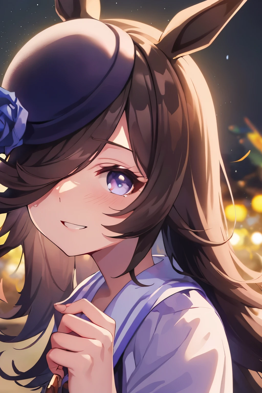 (Tabletop.highest quality).(Dynamic Angle). (CG paintings with impressive detail),(Perfect image)、Comic Strip.shape.1 girl.Detailed face、Perfect Face.Delicate face、A girl in a delicate uniform、Rough skin、Black Hair.length、(Umamimi Girl)Umamimi Girl、((Beautiful Blue Eyes)).繊細でBeautiful Eyes、Beautiful Eyes、Reflected Eyes、smile.(Looking at the audience:1.3).(Face is a little red:0.8)、8k wallpaper、Cowboy Shot、reflected light、Most detailed、Complex、Delicate background、Rough skin、Fine skin、(Super Resolution)、Wear a uniform