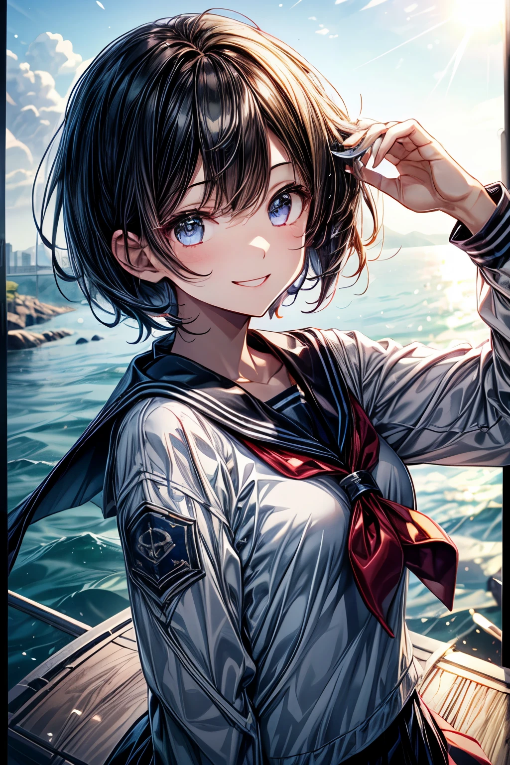 a smiling high school girl in an orange uniform, black bob hair, beautiful detailed eyes, beautiful detailed lips, extremely detailed eyes and face, longeyeslashes, against a blue sky and sea with water splash and sparkling water droplets, (best quality,4k,8k,highres,masterpiece:1.2),ultra-detailed,(realistic,photorealistic,photo-realistic:1.37),fantasy atmosphere, summer,vibrant colors,dramatic lighting,volumetric lighting,cinematic composition