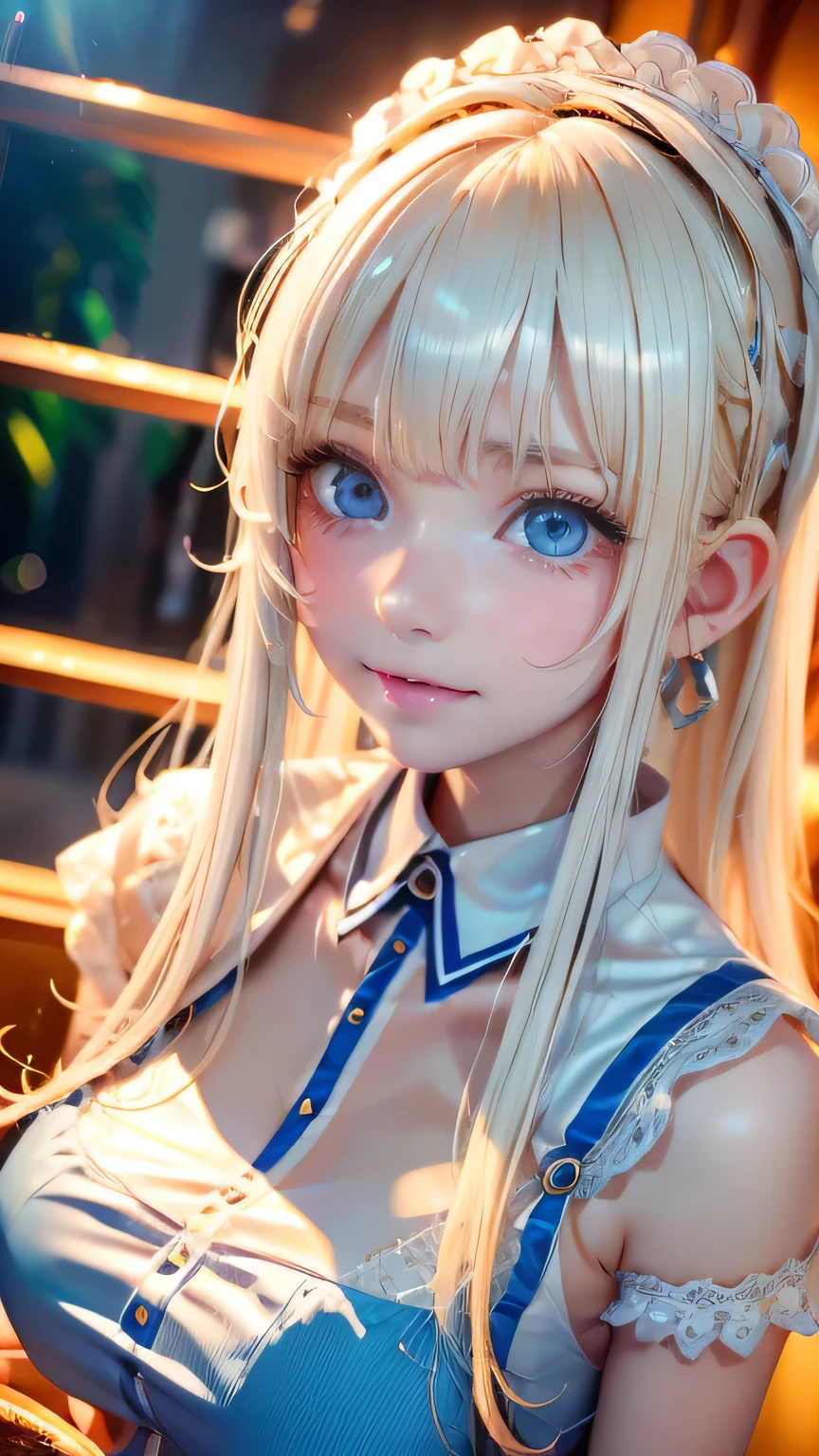 (Close-up:1.4)、(RAW shooting:1.2)、(Photorealistic:1.4)、(masterpiece:1.3)、(highest quality:1.4)、Bright expression、very beautiful blonde girl、Extraordinary blonde beauty、Detailed cute and beautiful face、Beautiful bangs、Shiny white glossy skin、Facial hair、Bangs that reach the face、Bangs between the eyes、Super long blonde hair、Attractive bright platinum blonde super long straight silky hair、Thin Hair、Attractive shining beautiful bright clear light blue big eyes、White Apron、Yellow dress、eyeliner、Double eyelids、Ample Bust、Upper body、