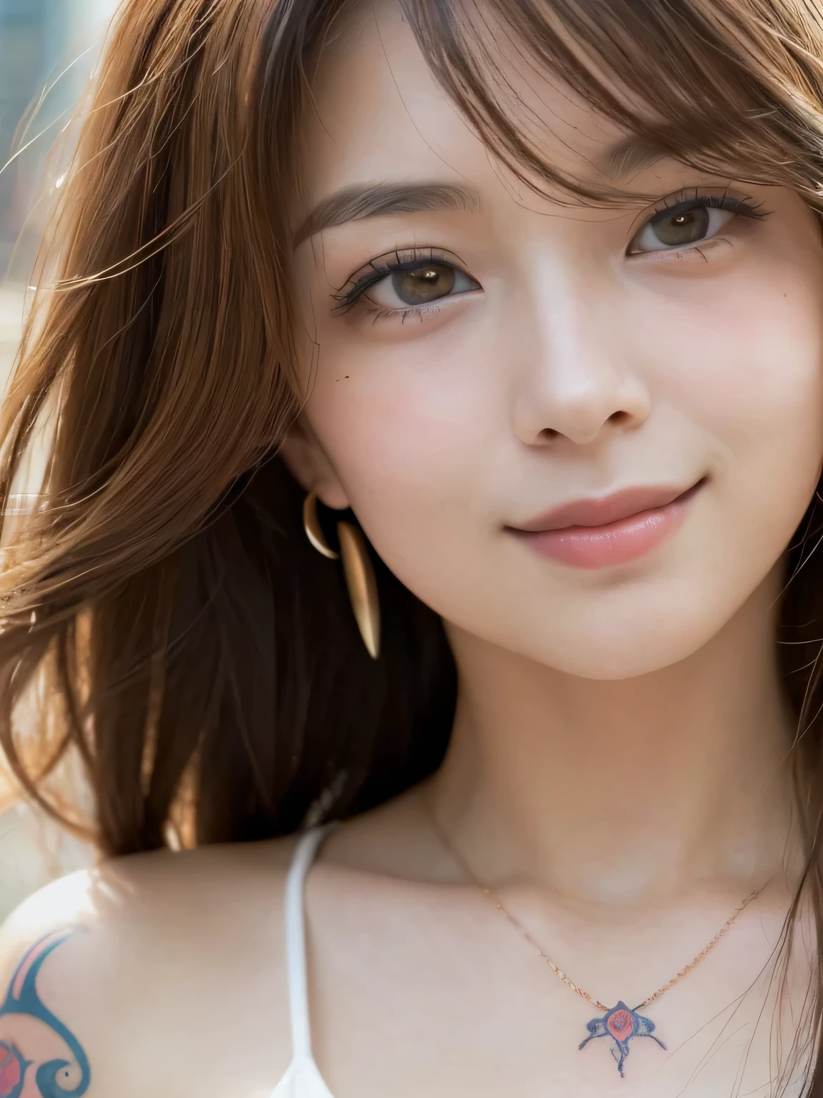 (sfw:1.5)、High resolution symmetrical images, Girl and Horihada, Yakuza, Japanese Mafia, Movie photo of Japanese cartel leader with tattoos on waist, chest and arms, Cleavage、((Close-up face:1.8))、Upper body portrait、(((Full body tattoos)))、 (Lotus tattoo)、 ((Close-up chest:1.5, Underarm, 胸のAngle from below)), Blonde braids, short hair, ((Art Nouveau)), (Ecstasy Face), (Alphonse Mucha), Small earrings, ((on the road, wood, Buildings in medieval Europe)), Angle from below、(Anatomically correct)、(Perfect body proportions)、(Natural Hands、Natural Fingers)、(Breast Goddess, Woman born from flowers, ((Round face)), Realistic Eye Size, Droopy eyes, smile,I'm bathed in dazzling light