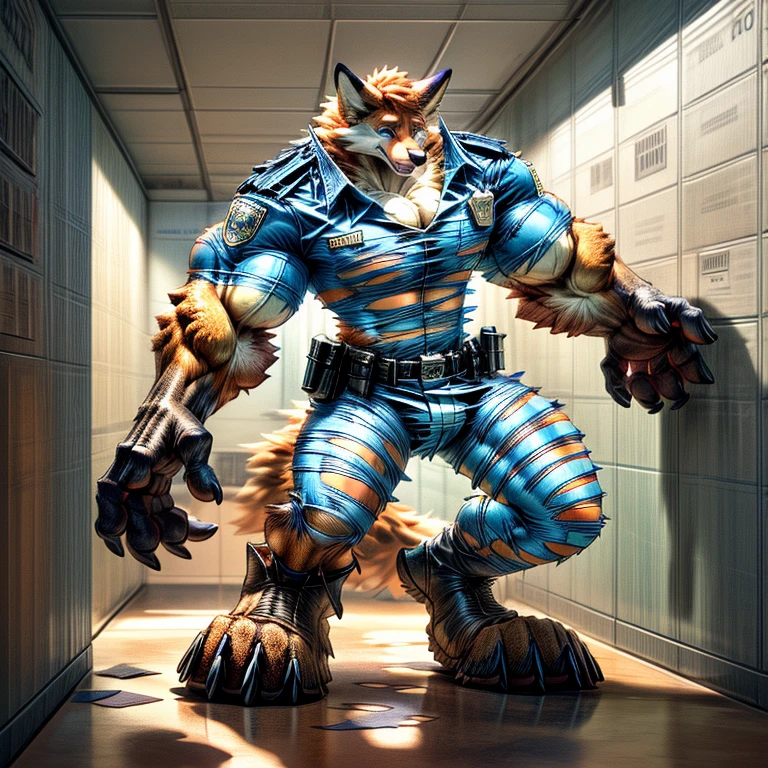 A human police officer (((((partially transformed))))) into an (anthro muscle red fox, blue eyes, brown forearm, whiskers black line on muzzle) in a (police station). (((human legs))), ((big paws)), (shocked expression), (ripped clothing), ((gign uniform)), broad shoulders, big biceps, big pecs, big thighs, hyper giant bulge (((big feet))), (detailed furry red fox face), male focus, detailed eyes, high quality, best quality, concept art, photorealistic (((midtransformation))), ((torn boots))