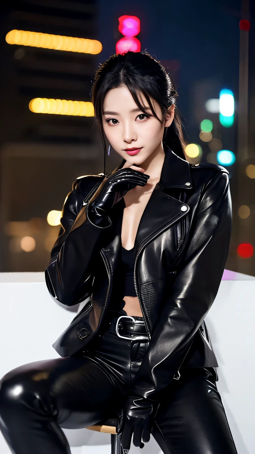 black leather rider jacket, Office in the Dark, Black leather gloved fingertips on both hands,Wearing black leather gloves,Sitting in a black leather chair、 Japanese female new recruits (Black leather gloves cover both hands) (The angle is horizontal)、Black Leather Pants,Black Leather Black Leather Pants,Black Leather Skinny Pants、Long black leather boots on both feet、Black hair ponytail ((He wears black leather gloves on his hands))Full Body Photo,full body shot full body full body leather suit,☺If you turn in this direction。Wearing black leather gloves,Wearing black leather gloves,Wearing black leather gloves,Wearing black leather gloves,Wearing black leather gloves,Wearing black leather gloves,黒のレザーパンツが美しい😍黒のレザーパンツが美しい😍黒のレザーパンツが美しい,😍Smiling while looking at me,City lights、((Neon Cyberpunk City Street:1.3))、(Neon Light)、Detailed lighting、

Best image quality、Ultra-high resolution、(realism:1.4)、Korean Beauty Star、The most beautiful KPOP stars、face、 Korean Makeup、A body that makes you want to touch it、Realistic leather texture、Costume made of smooth leather fabric、The drape of the curved parts of the leather fabric、The costume is very shiny、Quality of the costume、8K Photo Quality