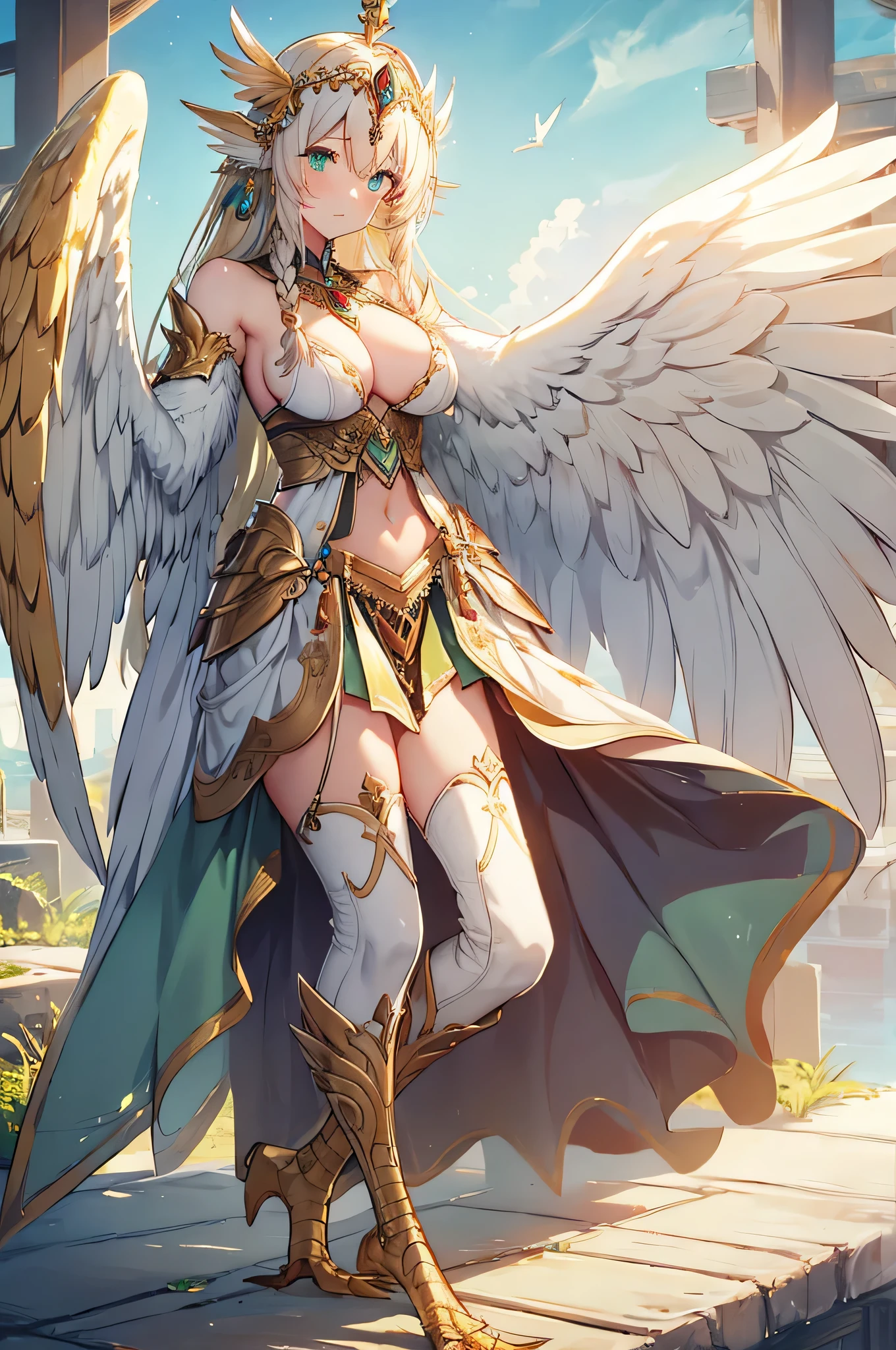 4k,High resolution,One Woman,Harpy,Cream colored hair,long hair,Braid,Green Eyes,Big Breasts,White Wings,Golden toenails,goddess,White sacred armor,Winged headgear,Jewelry decoration,Gold decoration,Temple in the Sky,Aurora Background