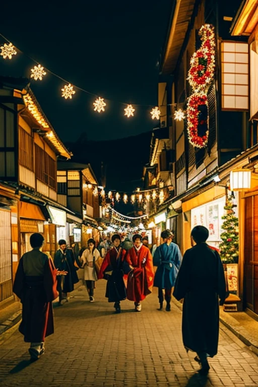 Edo period Japan, town at night, townspeople coming and going, townspeople dressed in period costumes, Christmas lights shining, light colors throughout,