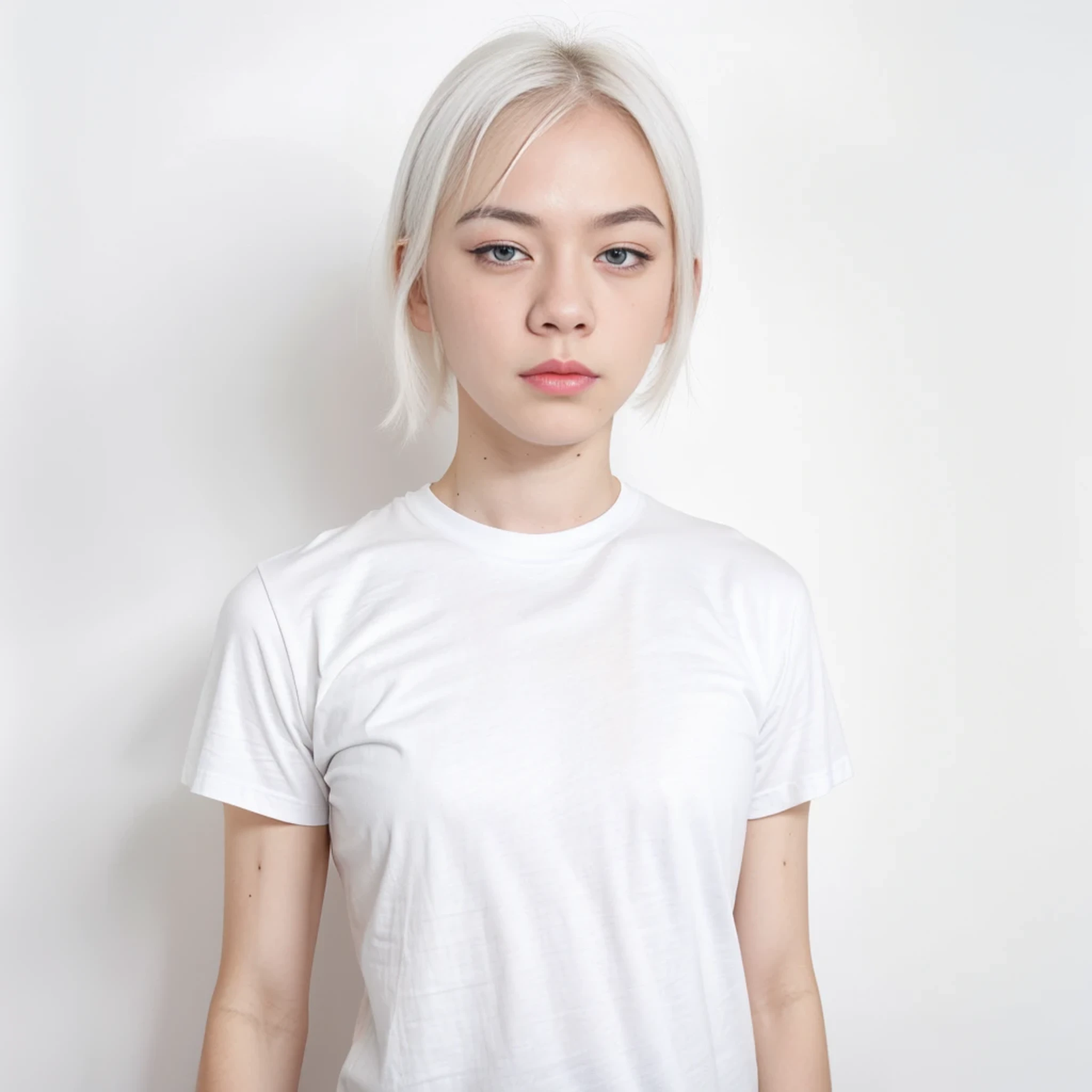 masterpiece, best quality, ((pure white background)), standing, slim albino guy, white hair, white eyelashes, white eyebrows, cold face, fair skin, black t-shirt, sad facial expression, light effect, soft, super clear, high-definition image, (front)