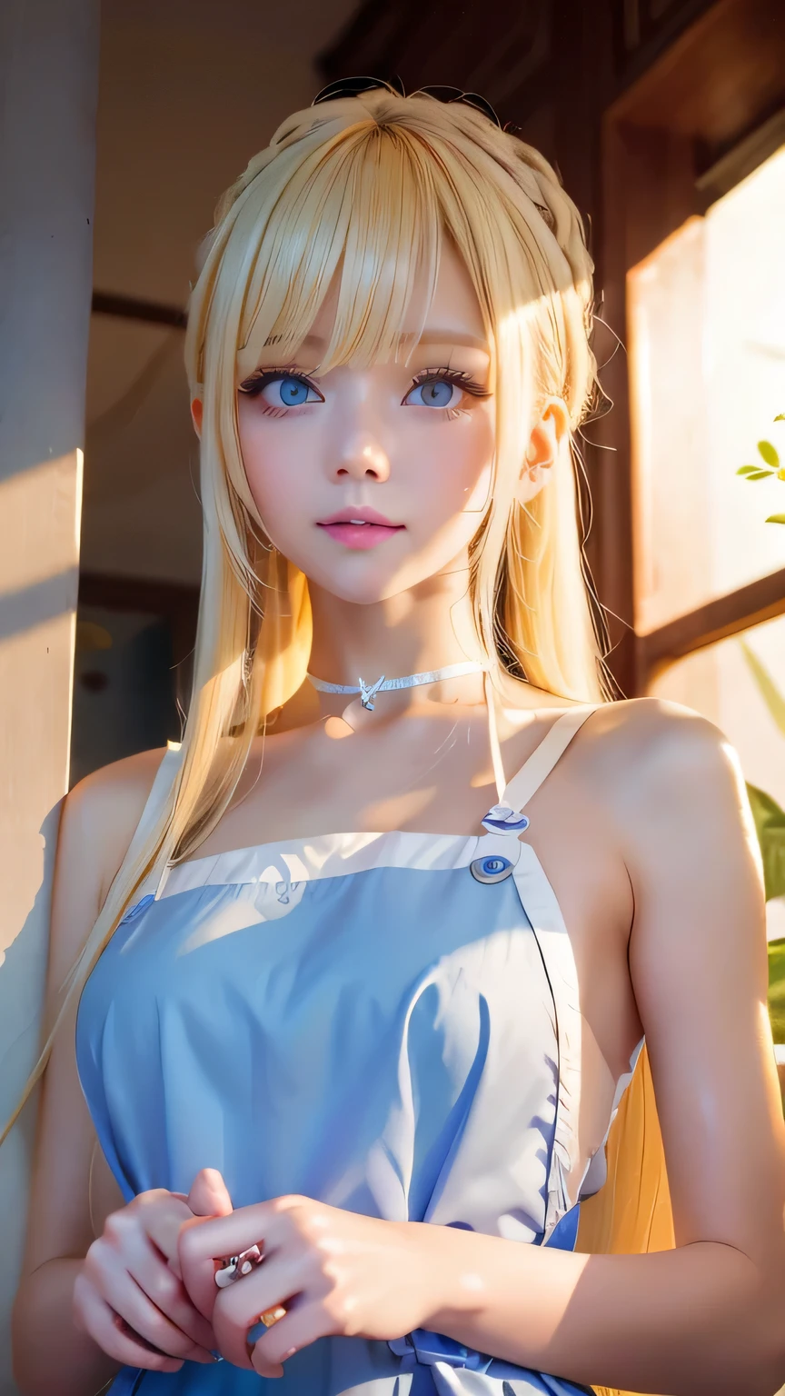 (Close-up:1.4)、(RAW shooting:1.2)、(Photorealistic:1.4)、(masterpiece:1.3)、(highest quality:1.4)、Bright expression、very beautiful blonde girl、Extraordinary blonde beauty、Detailed cute and beautiful face、Beautiful bangs、Shiny white glossy skin、Facial hair、Bangs that reach the face、Bangs between the eyes、Super long blonde hair、Attractive bright platinum blonde super long straight silky hair、Thin Hair、Attractive shining beautiful bright clear light blue big eyes、White Apron、Yellow dress、eyeliner、Double eyelids、Ample Bust、Upper body、