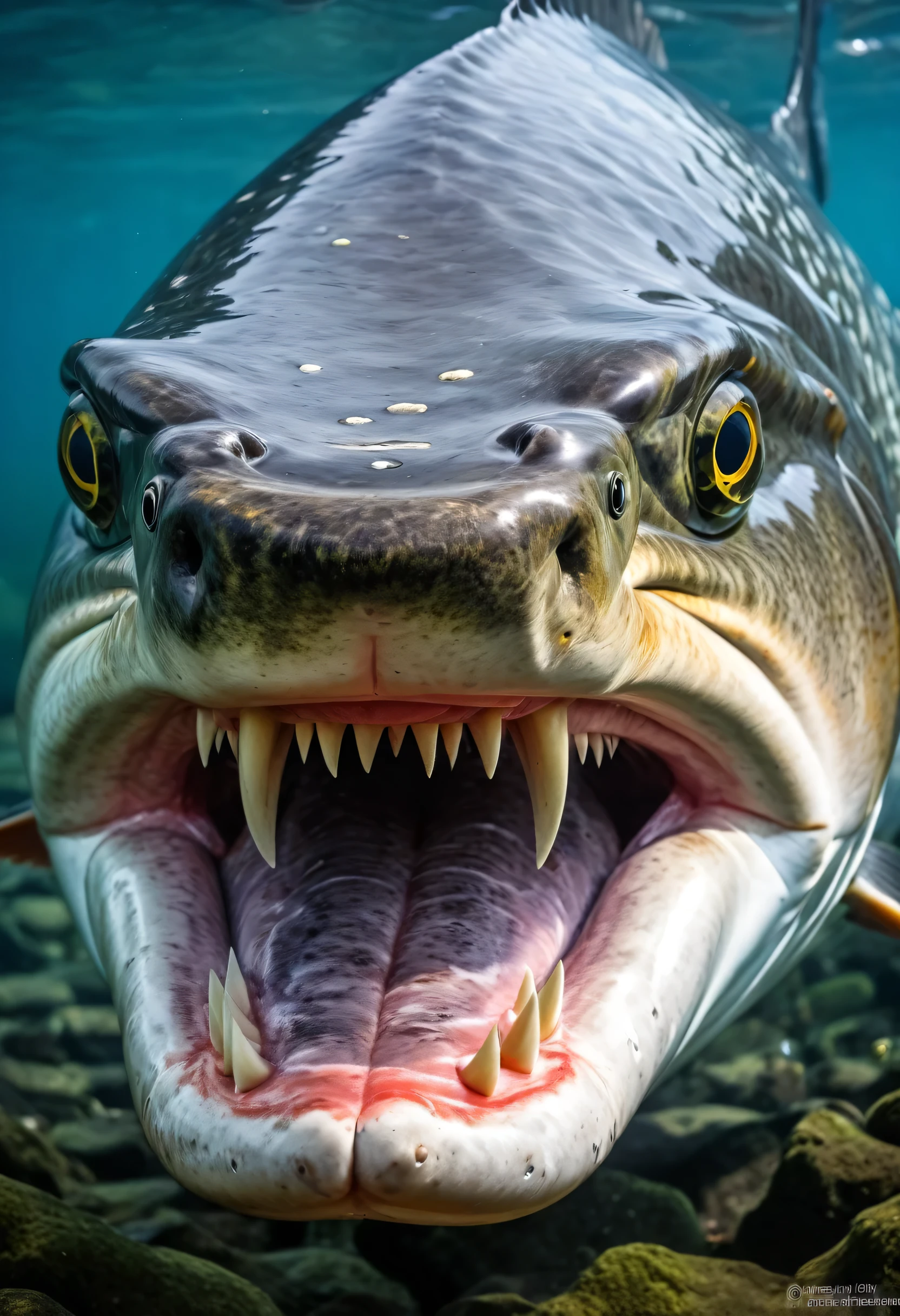 A giant salmon fish with boar teeth, foto ultra HD, realista, atmosfera misteriosa
