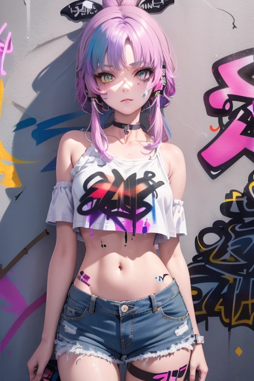 masterpiece, best quality, 1girl, solo, crop top, denim shorts, choker, (graffiti:1.5), paint splatter, arms behind back, against wall, looking at viewer, armband, thigh strap, paint on body, head tilt, bored, multicolored hair, aqua eyes, headset