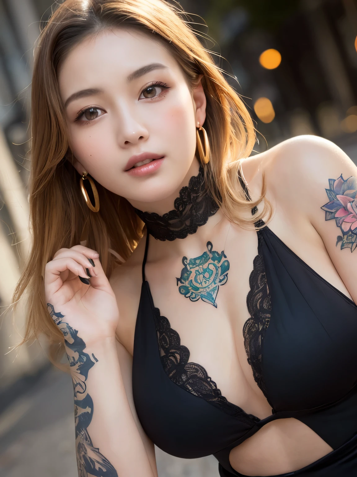 (sfw:1.5)、High resolution symmetrical images, 28 years old, Yakuza, Japanese Mafia, Movie photo with tattoos on waist, chest and arms, Cleavage、((Close-up face:1.1))、Upper body portrait、(((Full body tattoos)))、 (Lotus tattoo)、 ((Close-up chest:1.5, Underarm, 胸のAngle from below)), Blonde braids, short hair, ((Art Nouveau)), (Ecstasy Face), (Alphonse Mucha), Small earrings, ((On the street in the dark)), Angle from below、(Anatomically correct)、(Perfect body proportions)、(Natural Hands、Natural Fingers)、(Breast Goddess, Woman born from flowers, ((Round face)), Realistic Eye Size, Droopy eyes, smile,I'm bathed in dazzling light、Big Eyes、Droopy eyes