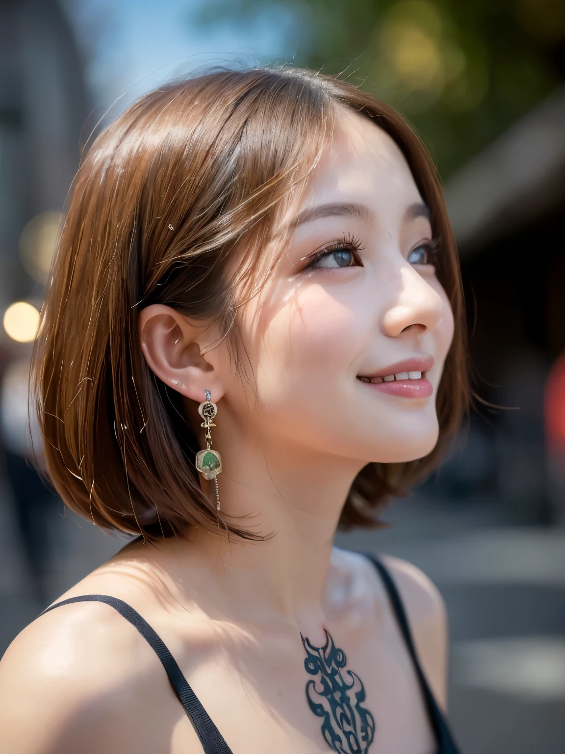 (sfw:1.5)、High resolution symmetrical images, 28 years old, Yakuza, Japanese Mafia, Movie photo with tattoos on waist, chest and arms, Cleavage、((Close-up face:1.1))、Upper body portrait、(((Full body tattoos)))、 (Lotus tattoo)、 ((Close-up chest:1.5, Underarm, 胸のAngle from below)), Blonde braids, short hair, ((Art Nouveau)), (Ecstasy Face), (Alphonse Mucha), Small earrings, ((On the street in the dark)), Angle from below、(Anatomically correct)、(Perfect body proportions)、(Natural Hands、Natural Fingers)、(Breast Goddess, Woman born from flowers, ((Round face)), Realistic Eye Size, Droopy eyes, smile,I'm bathed in dazzling light、Big Eyes、Droopy eyes