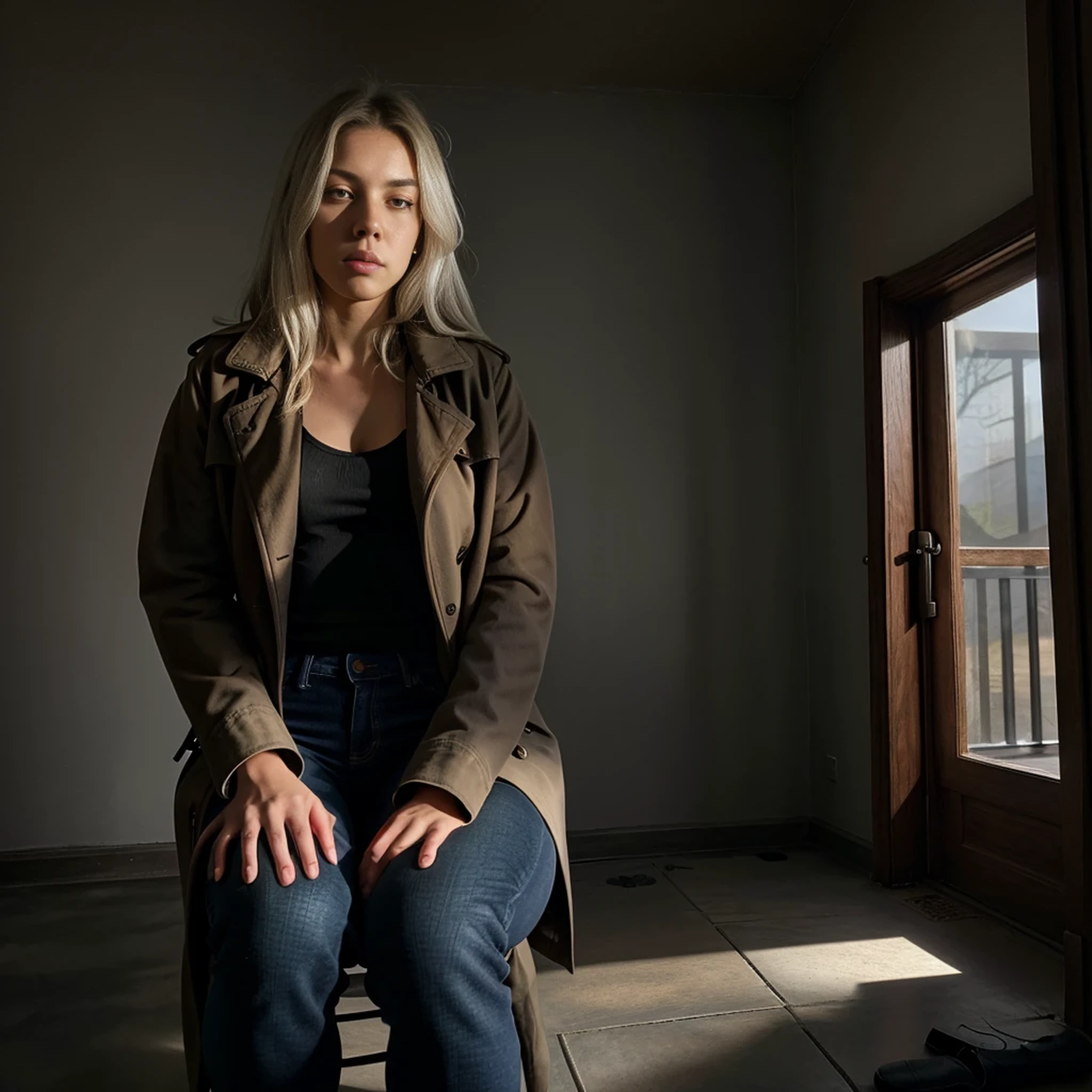 (suspense scene ((CONCEPT ART)), extremely detailed with a girl wearing jeans with brown coat and boots), (better lighting, better shadow, an extremely delicate and scary), (digital illustration), ((4k painting)), [(dynamic angle,((1girl)),white hair, (beautiful face, perfect face, scared,) expression of fear, torn clothes, a gun in hand, sitting on the floor, darkness, scary house),  [:(dark, mysterious, game paint, sinister setting, jagged corridors, big house, deadly silence):]