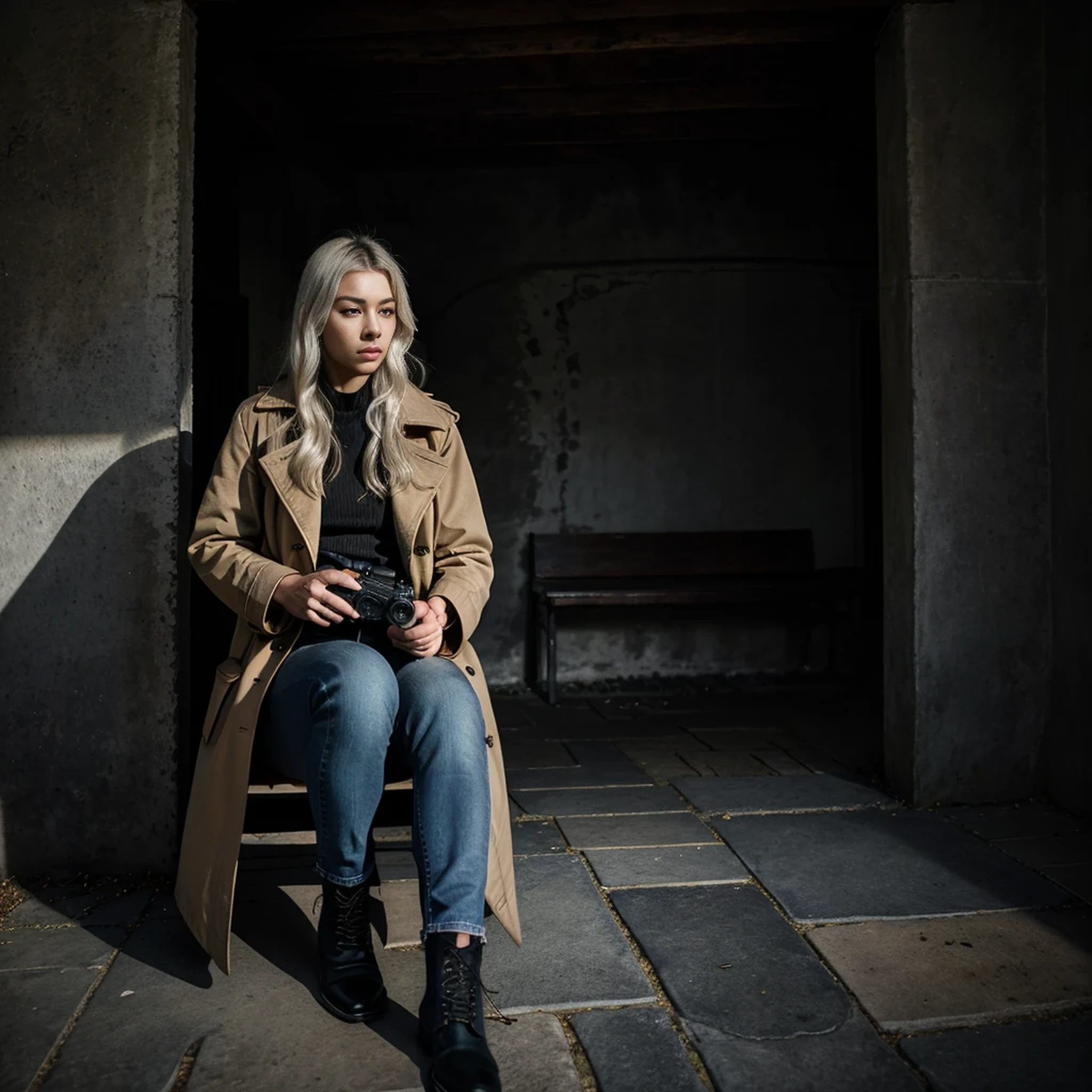 (suspense scene ((CONCEPT ART)), extremely detailed with a girl wearing jeans with brown coat and boots), (better lighting, better shadow, an extremely delicate and scary), (digital illustration), ((4k painting)), [(dynamic angle,((1girl)),white hair, (beautiful face, perfect face, scared,) expression of fear, torn clothes, a gun in hand, sitting on the floor, darkness, scary house),  [:(dark, mysterious, game paint, sinister setting, jagged corridors, big house, deadly silence):]