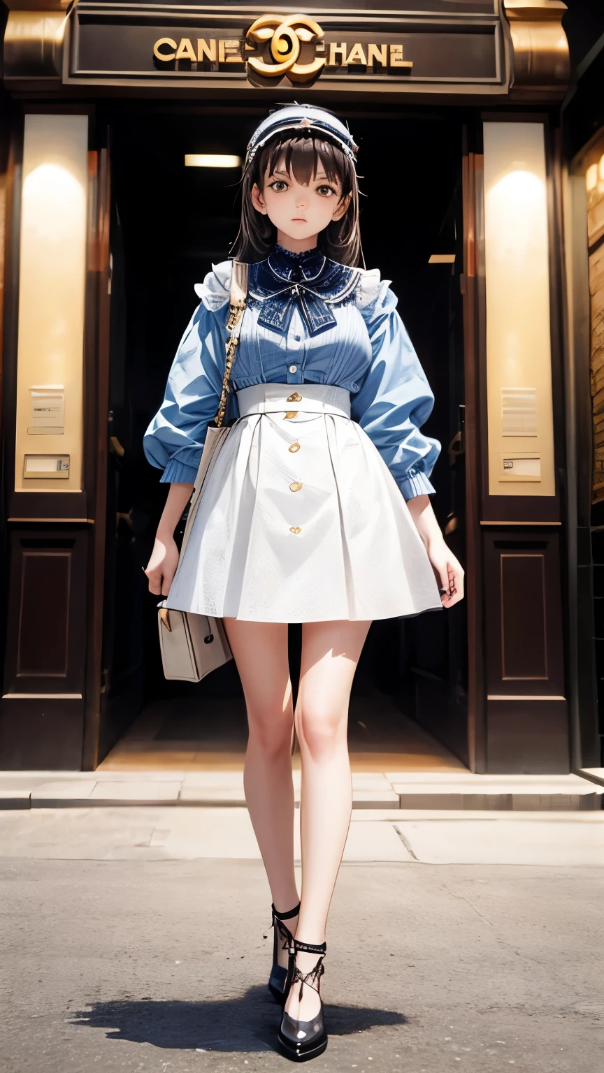 A cute 19-year-old French girl dressed in gorgeous Chanel-like fashion.、Full body shot standing facing forward、16：9