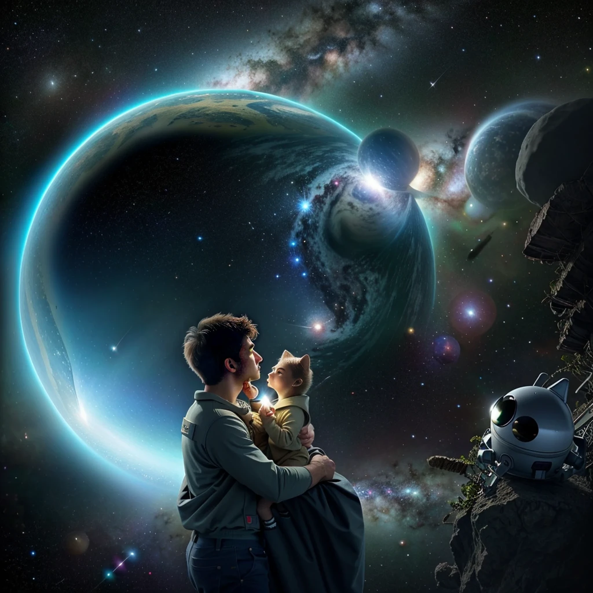 (masterpiece: 1.3), (8K, Practical, RAW photos, best quality: 1.4), A man holding a in front of a planet, father with chilckground with beautiful planet and space, Looking into space, Beautiful digital artwork, buzzer, author:Adam Malchinsky, Sci-fi digital art, Sci-fi digital art, dreaming of outer space, author:Tadeusz Pruszkowski