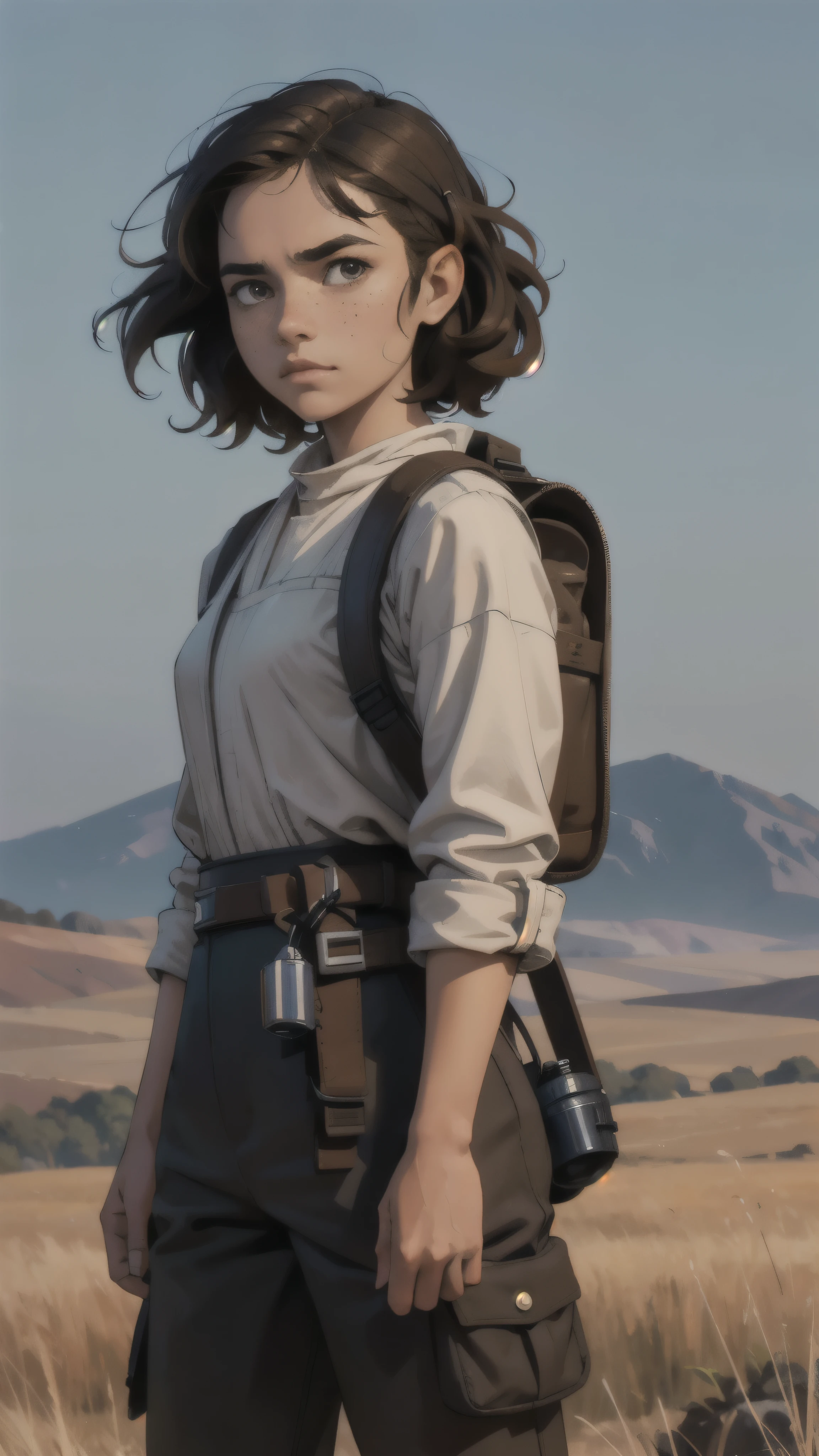 1 star wars farmer, young girl, brown curly hair, freckles, serious face, smuggler clothes, rugged star wars backpack, detailed face, little, wind blowing hair, arms crossed, early morning, barren field, depth of field