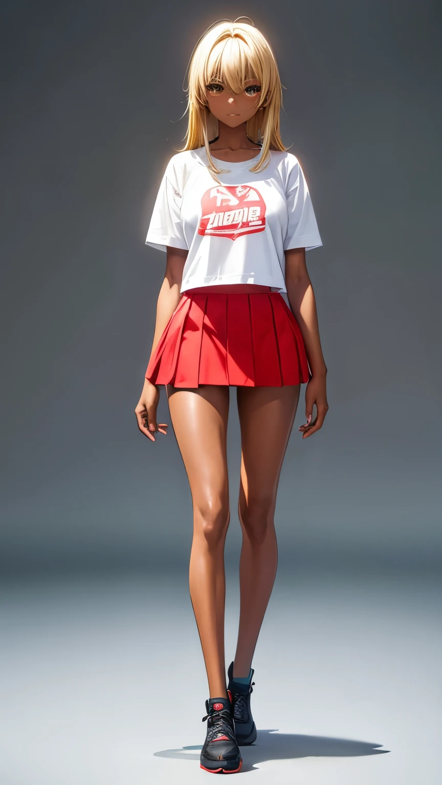 Full body anime style of 18 year old long legged black Jamaican woman with round face, cute blonde hair, standing facing forward、Red mini skirt and white short T-shirt、9:Size 16, no background