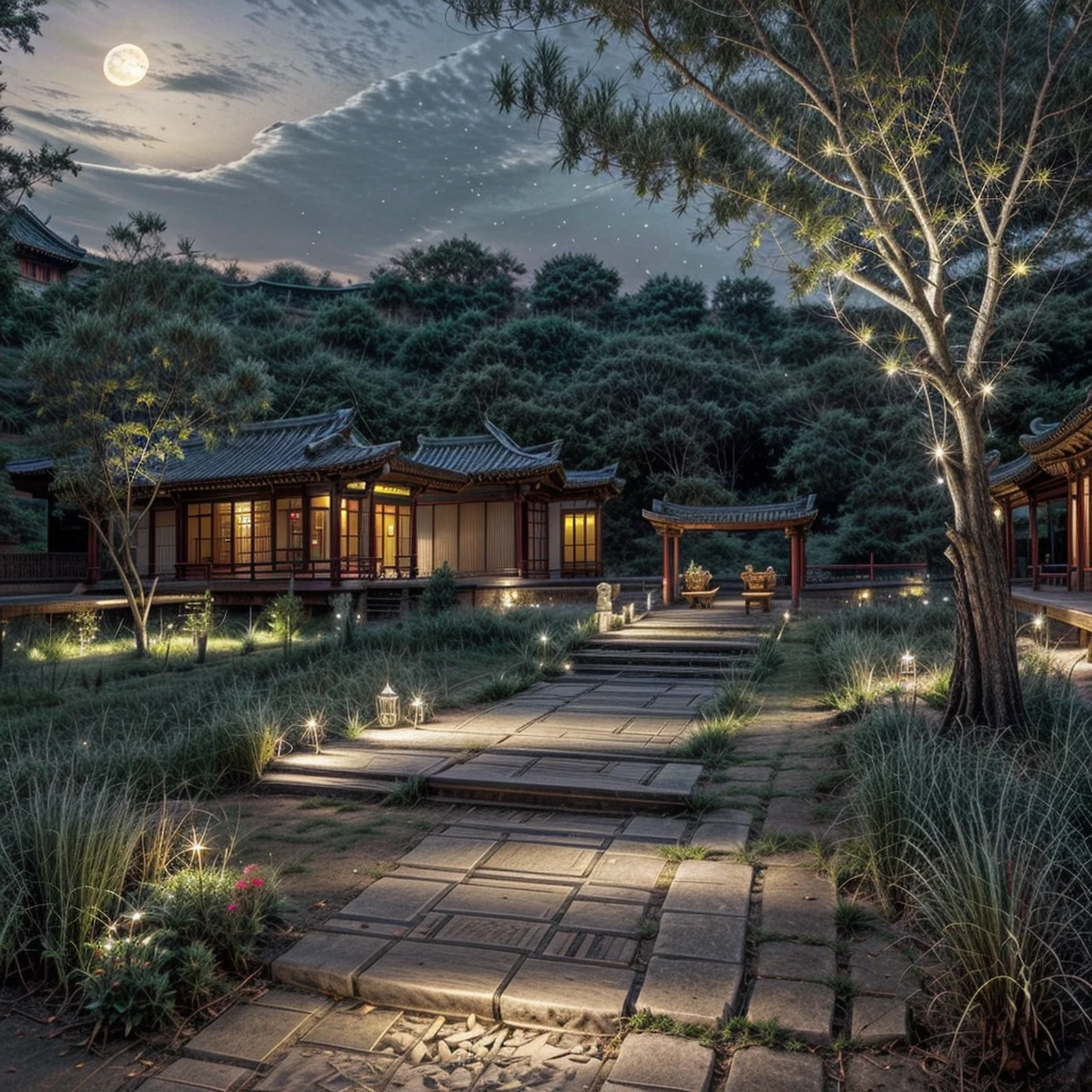 Official Art, Ancient China, Ancient Streets, (Lots of Fireflies), (Night), (Moon), Lights, Beautiful Landscapes, Epic Landscapes, Realistic Lighting, Masterpieces, High Quality, Beautiful Graphics, High Detail, Global Illumination, Unreal Engine Rendering, Octane Rendering, (HDR:1.3)