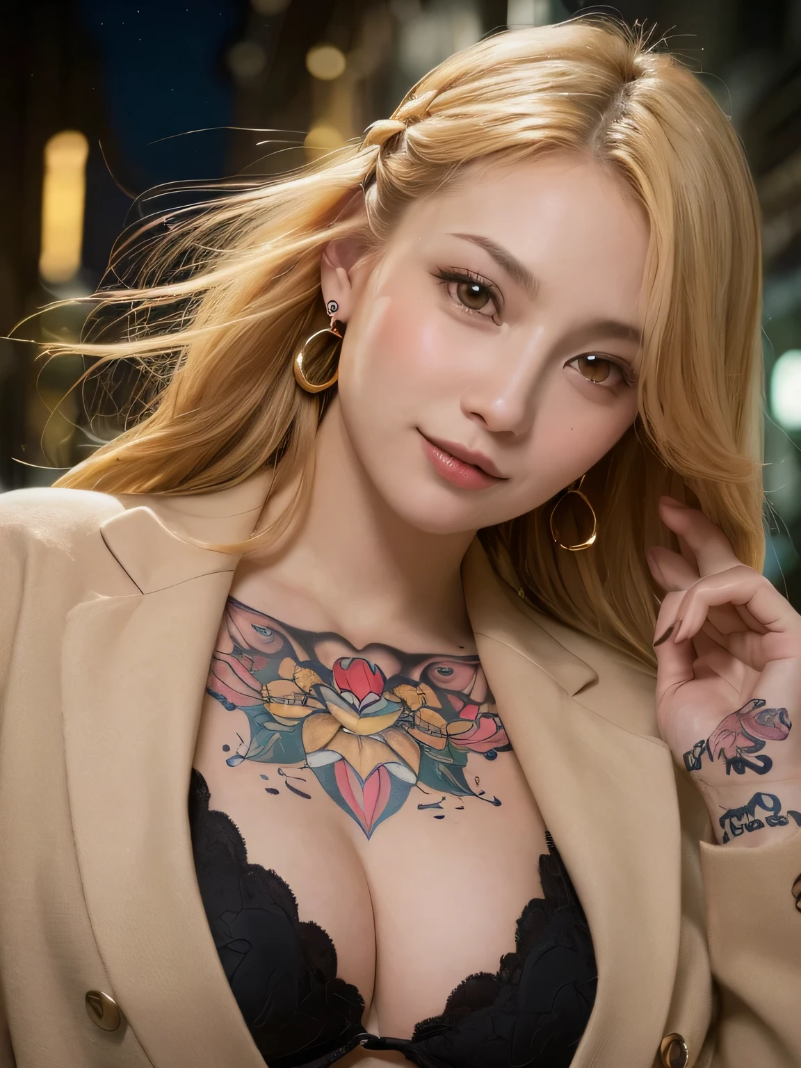 (sfw:1.5)、High resolution symmetrical images, 28 years old, Yakuza, Japanese Mafia, Movie photo with tattoos on waist, chest and arms, Cleavage、((Close-up face:1.1))、Upper body portrait、(((Full body tattoos)))、 (Lotus tattoo)、 ((Close-up chest:1.5, Underarm, 胸のAngle from below)), Blonde braids, short hair, ((Art Nouveau)), (Ecstasy Face), (Alphonse Mucha), Small earrings, ((On the dark street at night)), Angle from below、(Anatomically correct)、(Perfect body proportions)、(Natural Hands、Natural Fingers)、(Breast Goddess, Woman born from flowers, ((Round face)), Realistic Eye Size, Droopy eyes, smile,I'm bathed in dazzling light、Big Eyes、Droopy eyes