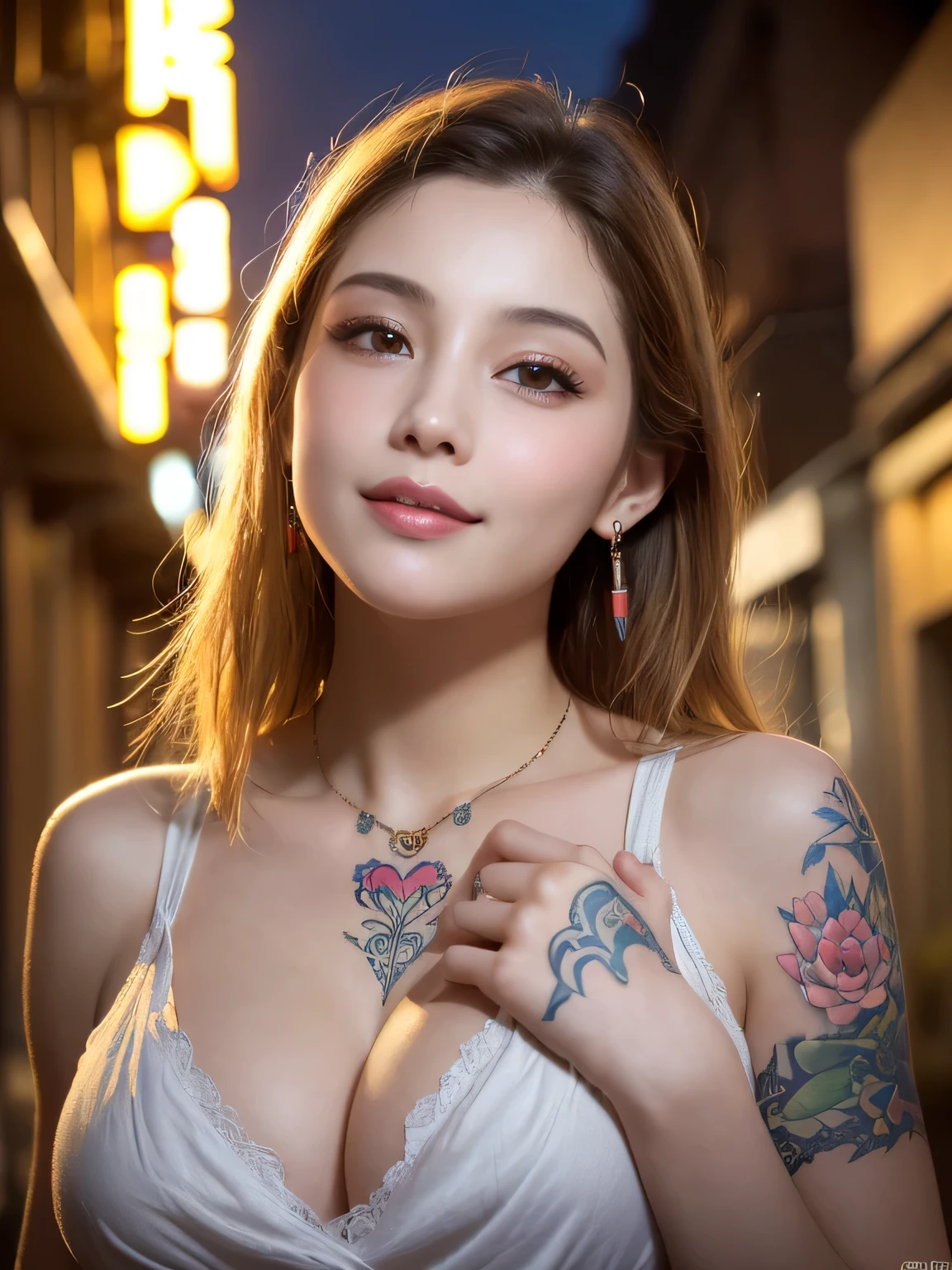 (sfw:1.5)、High resolution symmetrical images, 28 years old, Yakuza, Japanese Mafia, Movie photo with tattoos on waist, chest and arms, Cleavage、((Close-up face:1.1))、Upper body portrait、(((Full body tattoos)))、 (Lotus tattoo)、 ((Close-up chest:1.5, Underarm, 胸のAngle from below)), Blonde braids, short hair, ((Art Nouveau)), (Ecstasy Face), (Alphonse Mucha), Small earrings, ((On the dark street at night)), Angle from below、(Anatomically correct)、（Perfect body proportions)、(Natural Hands、Natural Fingers)、(Breast Goddess, Woman born from flowers, ((Round face)), Realistic Eye Size, Droopy eyes, smile,I&#39;m bathed in dazzling light、Big Eyes、Droopy eyes