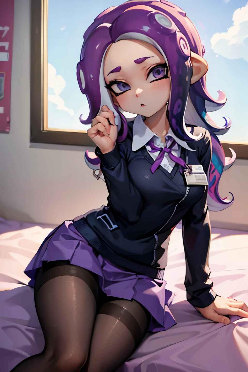 Number 8、Splatoon、Purple Hair、Long Hair、((pantyhose))、Photo from below、Medium chest、Bedroom、Swimsuit、((school uniform))、