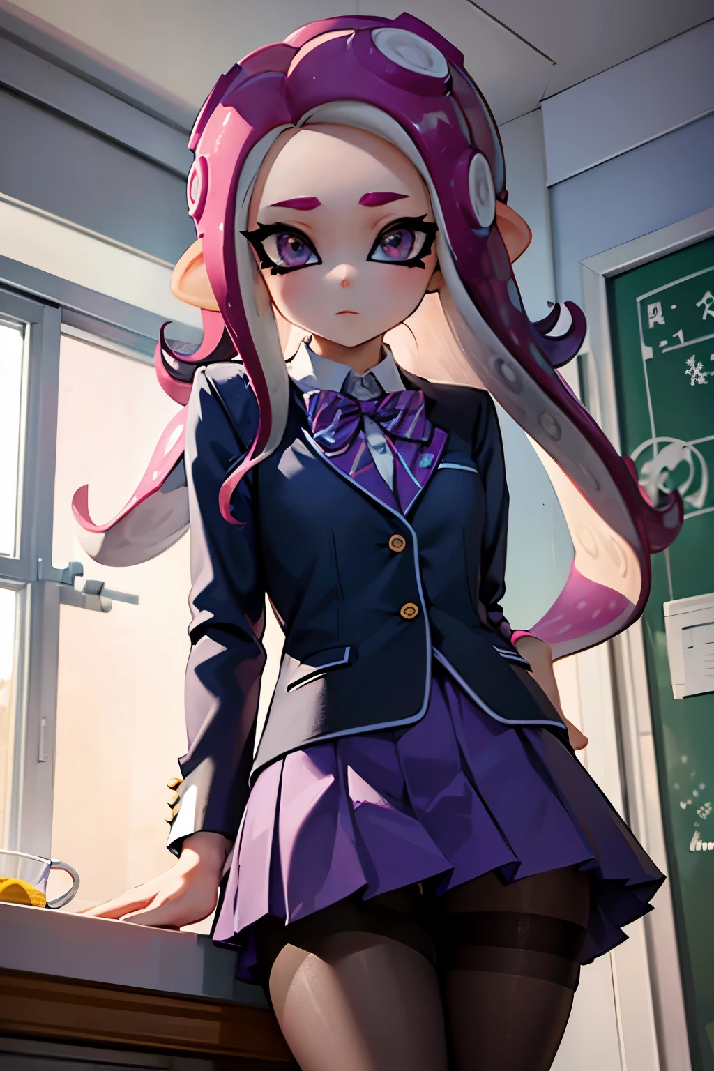 Number 8、Splatoon、Purple Hair、Long Hair、((pantyhose))、Photo from below、Medium chest、Bedroom、Swimsuit、((school uniform))、