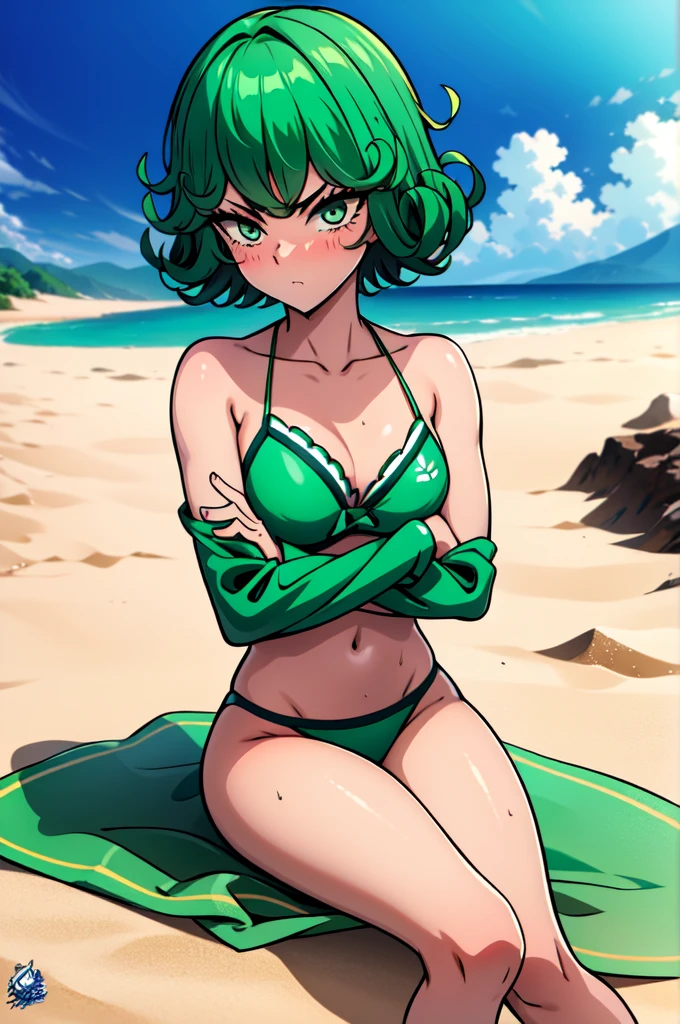 absurdres, highres, ultra detailed, tatsumakitornado, short green hair, curly hair, green bikini, , outdoors, flying, crossed arms, from below, looking away, green eyes ,full body ,looking at viewer, blushing ,sitting on the sand