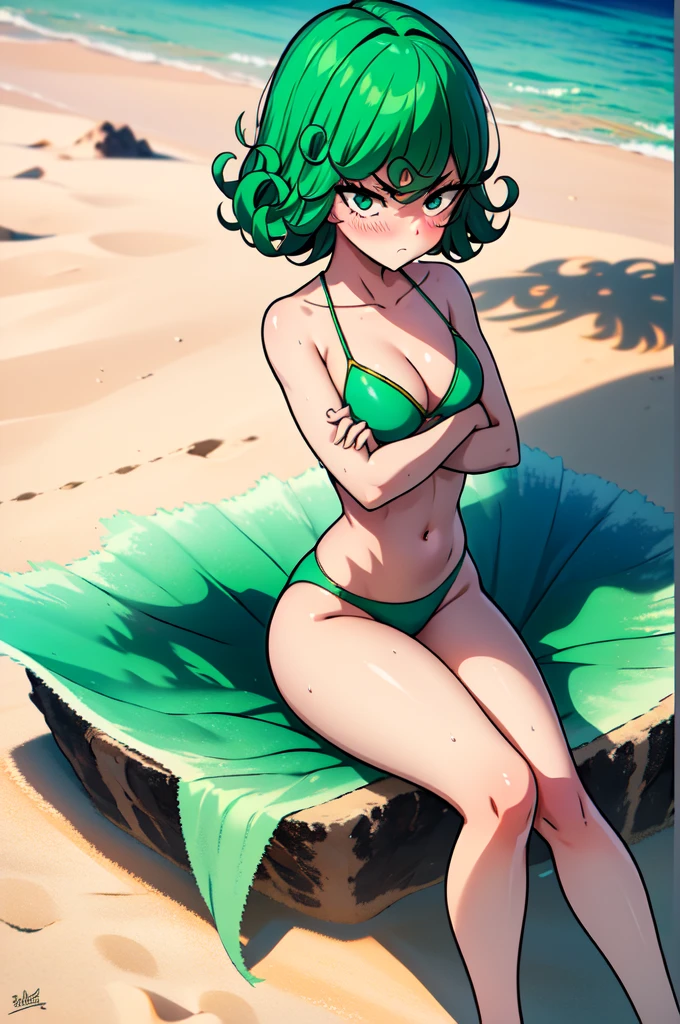 absurdres, highres, ultra detailed, tatsumakitornado, short green hair, curly hair, green bikini, , outdoors, flying, crossed arms, from below, looking away, green eyes ,full body ,looking at viewer, blushing ,sitting  on the sand