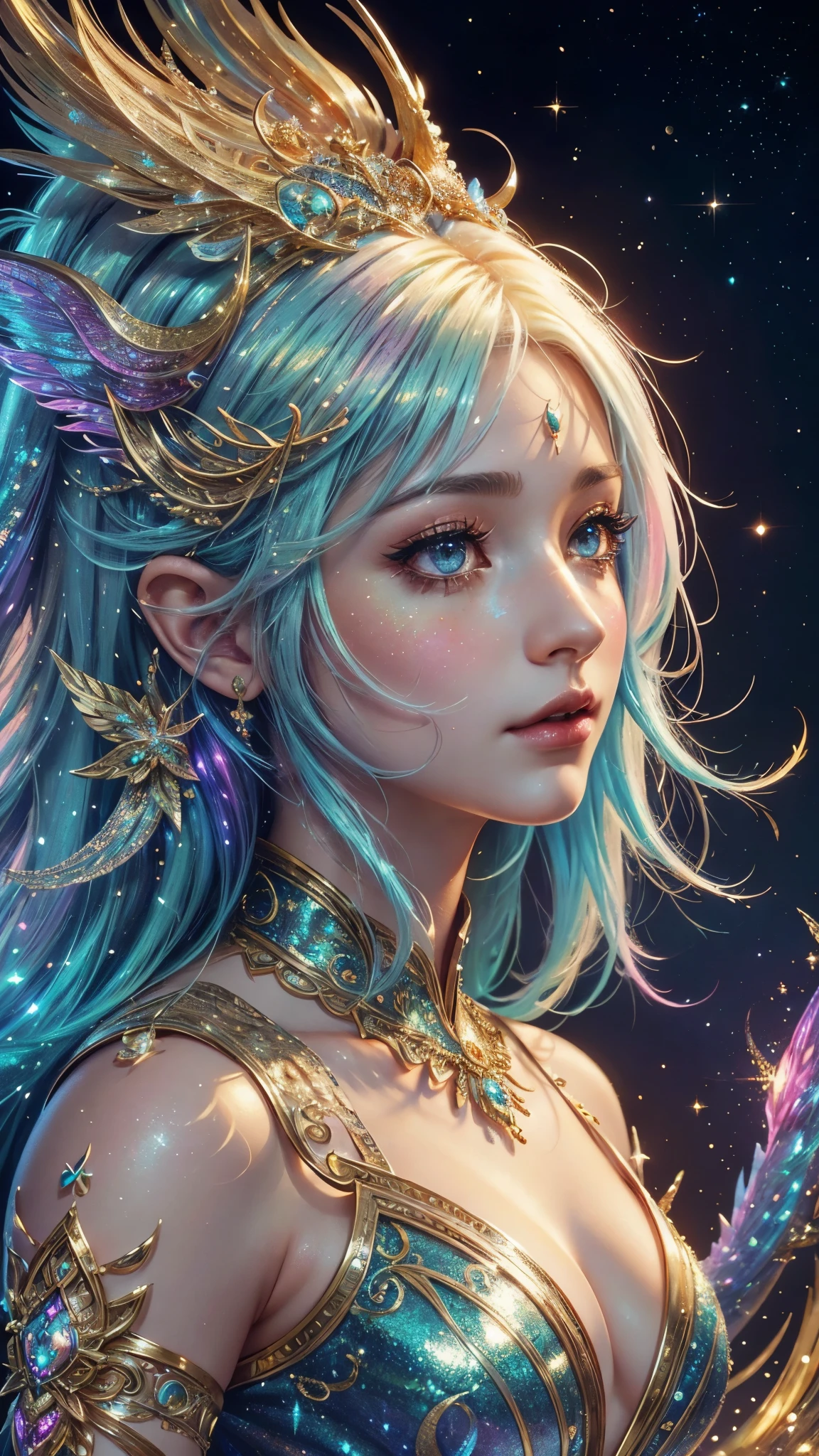 This is a highly detailed and semi-realistic fantasy art image with beautiful layers of shimmer, glimmering silks, and a glittering aesthetic. Create a beautiful and bold dragon woman. The woman resembles Christina Aguilera. She should have intricate and elegant horns, detailed and multi-colored scales, and a striking face. Her eyes are highly detailed with natural shading and realistic details. Include small and ornate details like smaller dragons and bright feathers. Use soft pastel hues with unexpected pops of bright color. Use compelling composition techniques and fantasy lighting to create a cinematic and unforgettable atmosphere. (((masterpiece))), (((best quality))), ((ultra-detailed)), (highly detailed CG illustration)