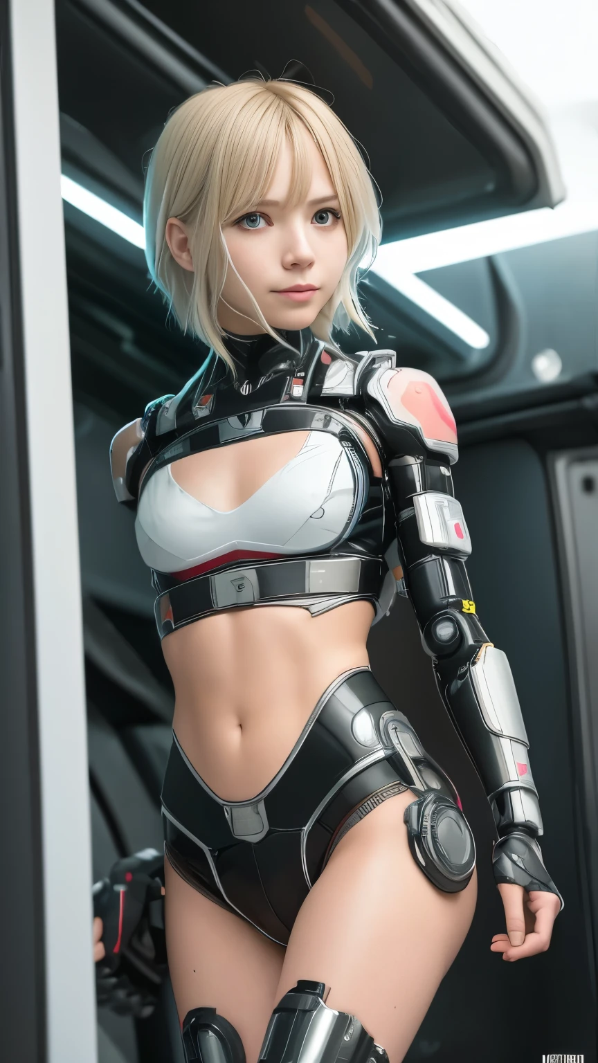 high quality, ​realistic masterpiece, girl with legs tied and wrists bound, Beautiful  skinny girl with cute face showing legs, innocent and playful eyes, Wearing neon futuristic robotic tactical shear armor cyberpunk suit with cutouts, abs, Famous actresses of Japan, beautiful face, bdsm, tied up, bound, blonde, cyberpunk, tattoo