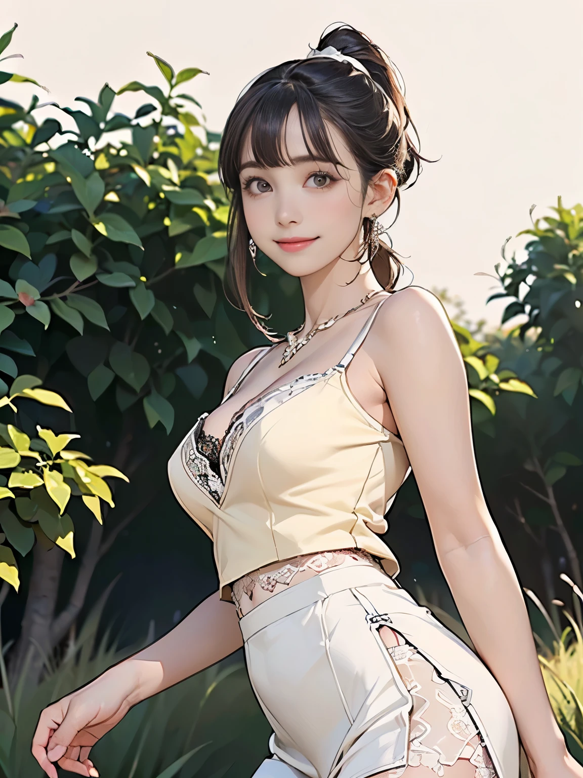 ((((highest quality))))、(((Ultra-precision CG16K wallpaper)))、(((masterpiece)))、(((Super detailed)))、(((Extreme detail)))、((1Mature 29 year old woman:1.6))、((Very beautiful Japanese faces))、((Yua Mikami:1.5))、((Soft Wave Ponytail Long Hair、blunt bangs:1.5))、(Shiny brown hair)、Beautiful delicate brown eyes、eyeliner、eye shadow、High nose、Small nostrils、Small Mouth、Seductive lips、Beautiful breasts、((C cup size breasts))、Cleavage、Voluptuous body、eight-headed body、Perfect proportions、Perfect Anatomy、Perfect composition、Beautiful detailed shading、Beautiful, natural lighting、Beautiful detail glow、Depth of written boundary、(((High chroma)))、(((Real:1.9)))、((vivid:1.5))、((Beautiful Skin))、((Skin Texture))、((Realな皮膚感))、(((Cowboy Shot:1.6)))、((Front view、Front low angle:1.6))、((smile:1.7))、(((The woman is facing forward and looking at the camera:1.8)))、Bright daylight、Natural light、(((garden、flower bed:1.5)))、(Standing pose:1.5)、(((Pink tube top bra、Pink hot pants:1.6)))、((Earrings、Wearing a necklace:1.3))、