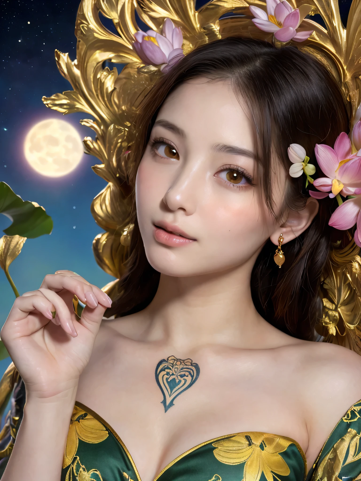 (sfw:1.5)、High resolution symmetrical images, 28 years old, Yakuza, Japanese Mafia, Movie photo with tattoos on waist, chest and arms, Cleavage、((Close-up face:1.1))、Upper body portrait、(((Full body tattoos)))、 (Lotus tattoo)、 ((Close-up chest:1.5, Underarm, 胸のAngle from below)), Blonde braids, short hair, ((Art Nouveau)), (Ecstasy Face), (Alphonse Mucha), Small earrings, ((Darkness of the night)), Angle from below、(Anatomically correct)、(Perfect body proportions)、(Natural Hands、Natural Fingers)、(Breast Goddess, Woman born from flowers, ((Round face)), Realistic Eye Size, Droopy eyes, smile,Bathed in the moonlight、Big Eyes、Droopy eyes