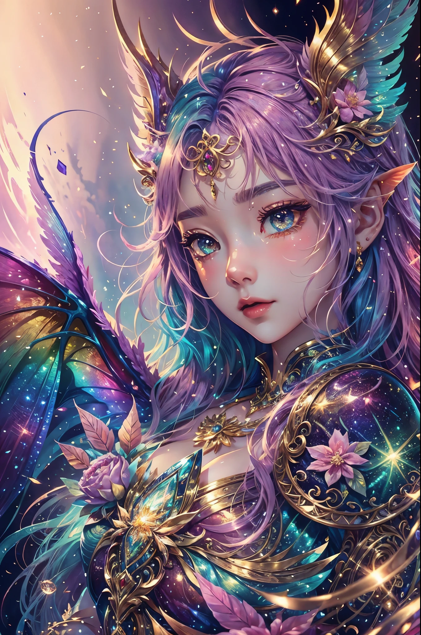 This is a highly detailed and semi-realistic fantasy art image with beautiful layers of shimmer, glimmering silks, and a glittering aesthetic. Create a beautiful and bold dragon woman. She should have intricate and elegant horns, detailed and multi-colored scales, and a striking face. Her eyes are highly detailed with natural shading and realistic details. Include small and ornate details like smaller dragons and bright feathers. Use soft pastel hues with unexpected pops of bright color. Use compelling composition techniques and fantasy lighting to create a cinematic and unforgettable atmosphere. (((masterpiece))), (((best quality))), ((ultra-detailed)), (highly detailed CG illustration)
