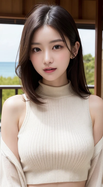 Tabletop, highest quality, Photorealistic, In detail, High resolution, 8k wallpaper, Perfect dynamic composition, Beautiful fine details, Medium Hair, Big ample breasts, Random sexy poses,Put your chest together、(Extra Small Mock Neck Crop Tank Top White Knitwear)、(Breast Swelling 1.2)、Laughter、Open your mouth、Resort scenery、23 years old、(Droopy Eyes 1.4)、Adult Beauty、Japanese