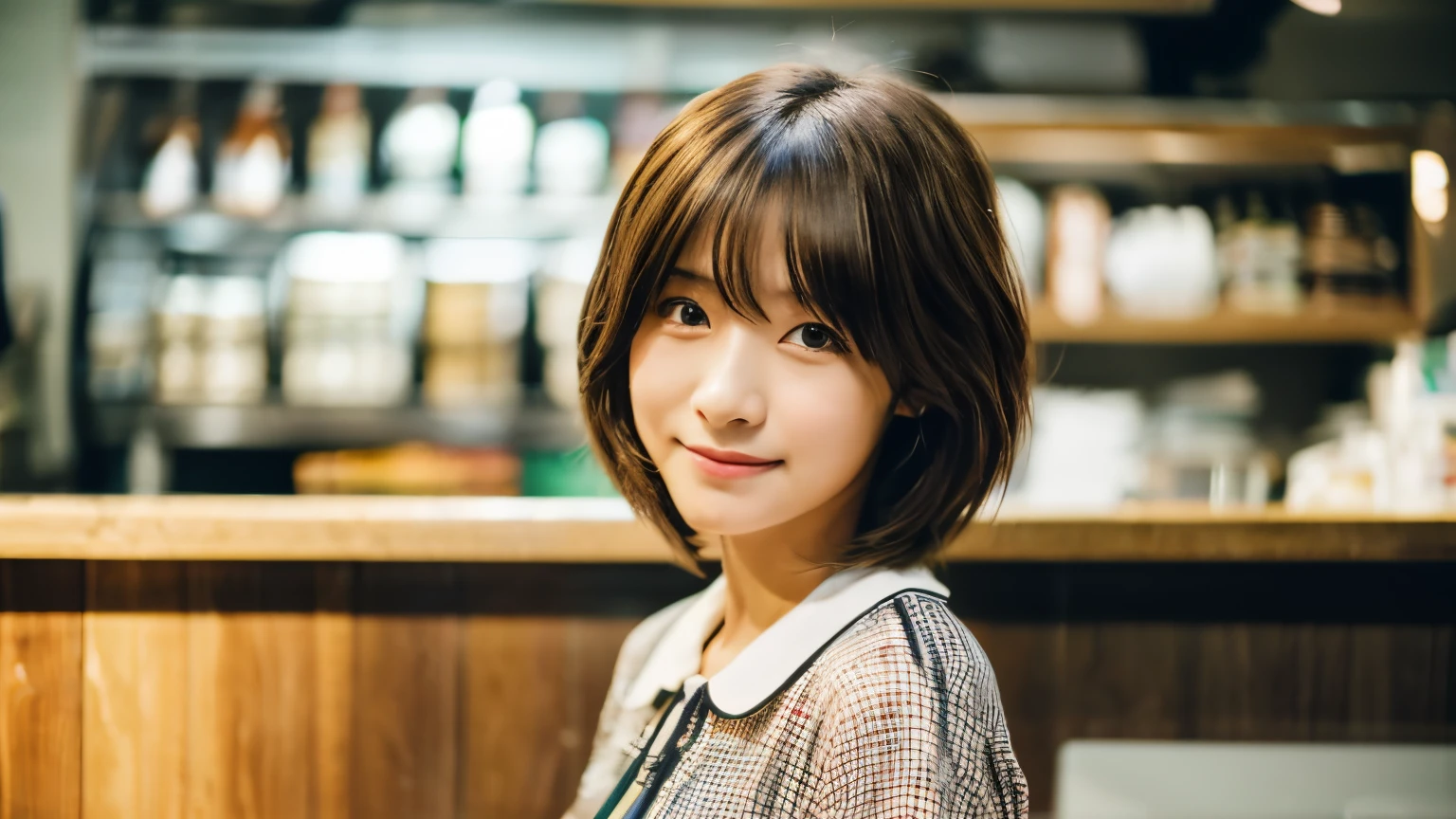 super high quality, Short Hair, Slender, Gravure photoshoot, The staff is working at the counter in the back., (8k、RAW Photos、highest quality、masterpiece:1.2), Japanese Idol, Shaggy, Sportswear, Stylish café, (Realistic、Photorealistic:1.37), Mesh Hair, Normal chest, Urban Cafe, Golden Ratio, Raw photo, Cute face , Light Brown Hair, Bright cafe interior, Blurred Background, Spring Clothes, A sweet expression, Watching the audience, Beautiful hairstyle, 20-year-old, Hair blowing in the wind, Neat clothes,