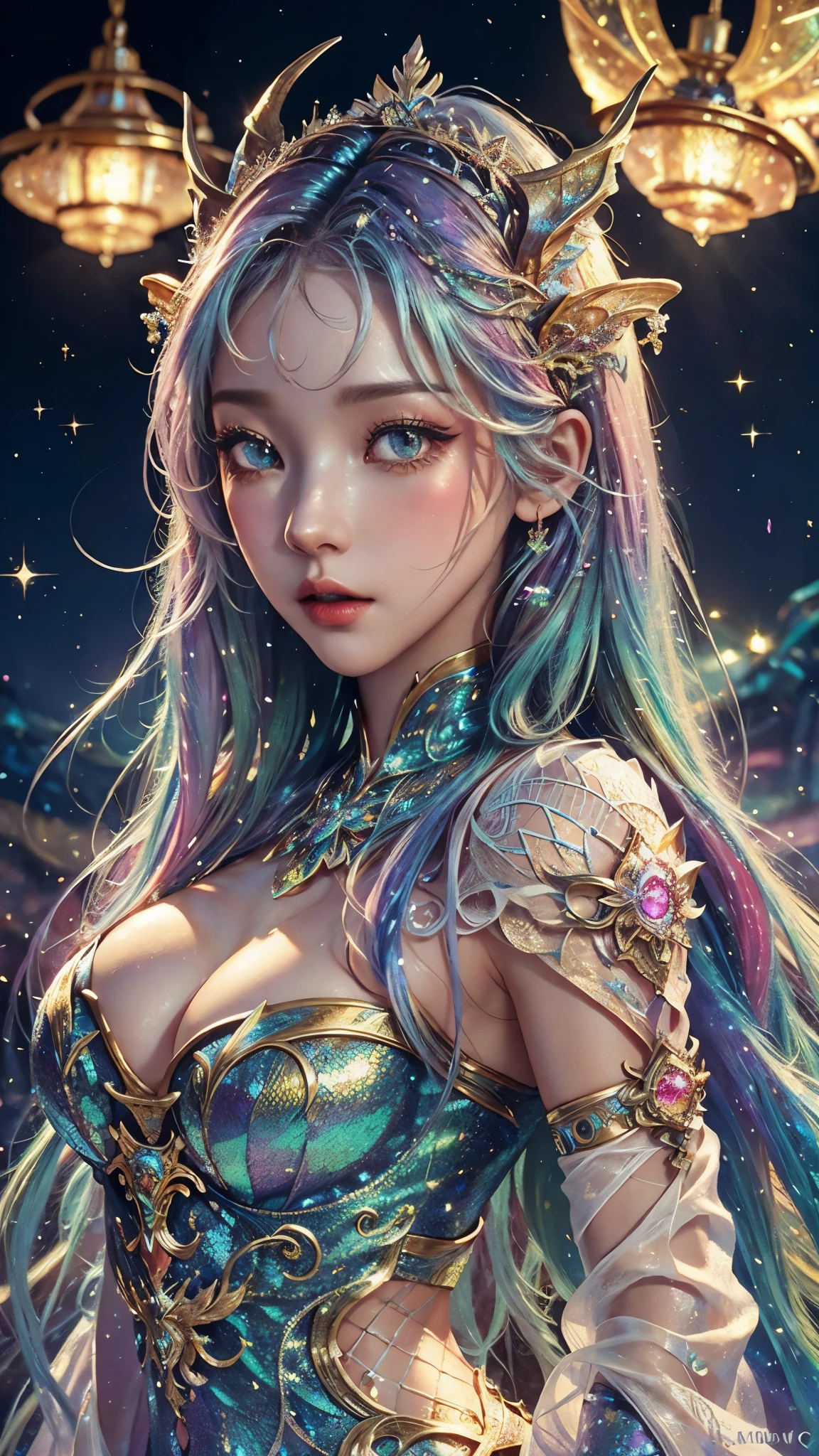 This is a highly detailed and semi-realistic fantasy art image with beautiful layers of shimmer, glimmering silks, and a glittering aesthetic. Create a beautiful and bold dragon woman. The woman resembles Christina Aguilera. She should have intricate and elegant horns, detailed and multi-colored scales, and a striking face. Her eyes are highly detailed with natural shading and realistic details. Include small and ornate details like smaller dragons and bright feathers. Use soft pastel hues with unexpected pops of bright color. Use compelling composition techniques and fantasy lighting to create a cinematic and unforgettable atmosphere. (((masterpiece))), (((best quality))), ((ultra-detailed)), (highly detailed CG illustration)
