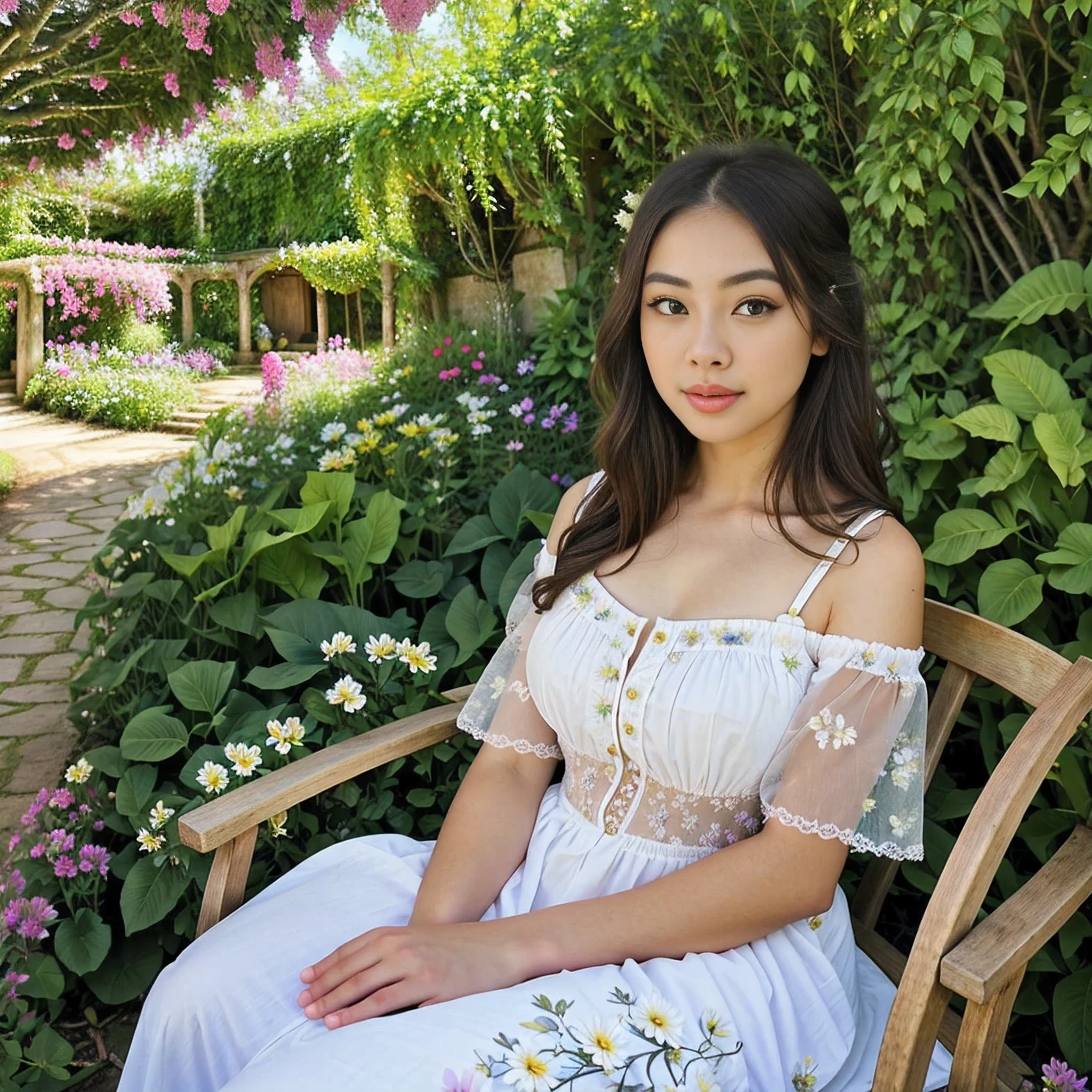 A girl in a garden,beautiful detailed eyes,beautiful detailed lips,extremely detailed eyes and face,long eyelashes,medium:oil painting,ultra-detailed,photorealistic:1.37,high-res,vivid colors,beautiful flowers,quaint garden bench,sunlight streaming through the trees,delicate petals,serene atmosphere