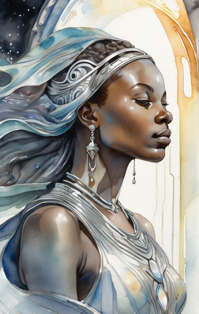 vibrant watercolor portrait, mn, from the side of a statuesque Togolese woman with a small smile portrait, looking up, (high fantasy medieval theme:1.1), mercury-wizard, calculated, surrounded by waves of glowing silver, silver (accessories:0.8), mercury patterns,  melding mercury , fluid mercury,  reflecting surfaces,  metallic sheen, mercury transformation, shiny,  fluid movement, floating particles,  flowing metal, elegance,  quicksilver symphony, foreign planet in background, dripping mercury formations, volumetric lighting, cinematic atmosphere,