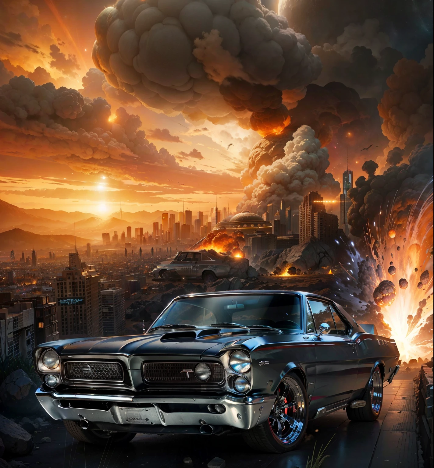 A Pontiac 1965 Muscle sport car headlights on in the foreground, in the background is a sci fi city with a giant asteroid ball of fire destroying the earth