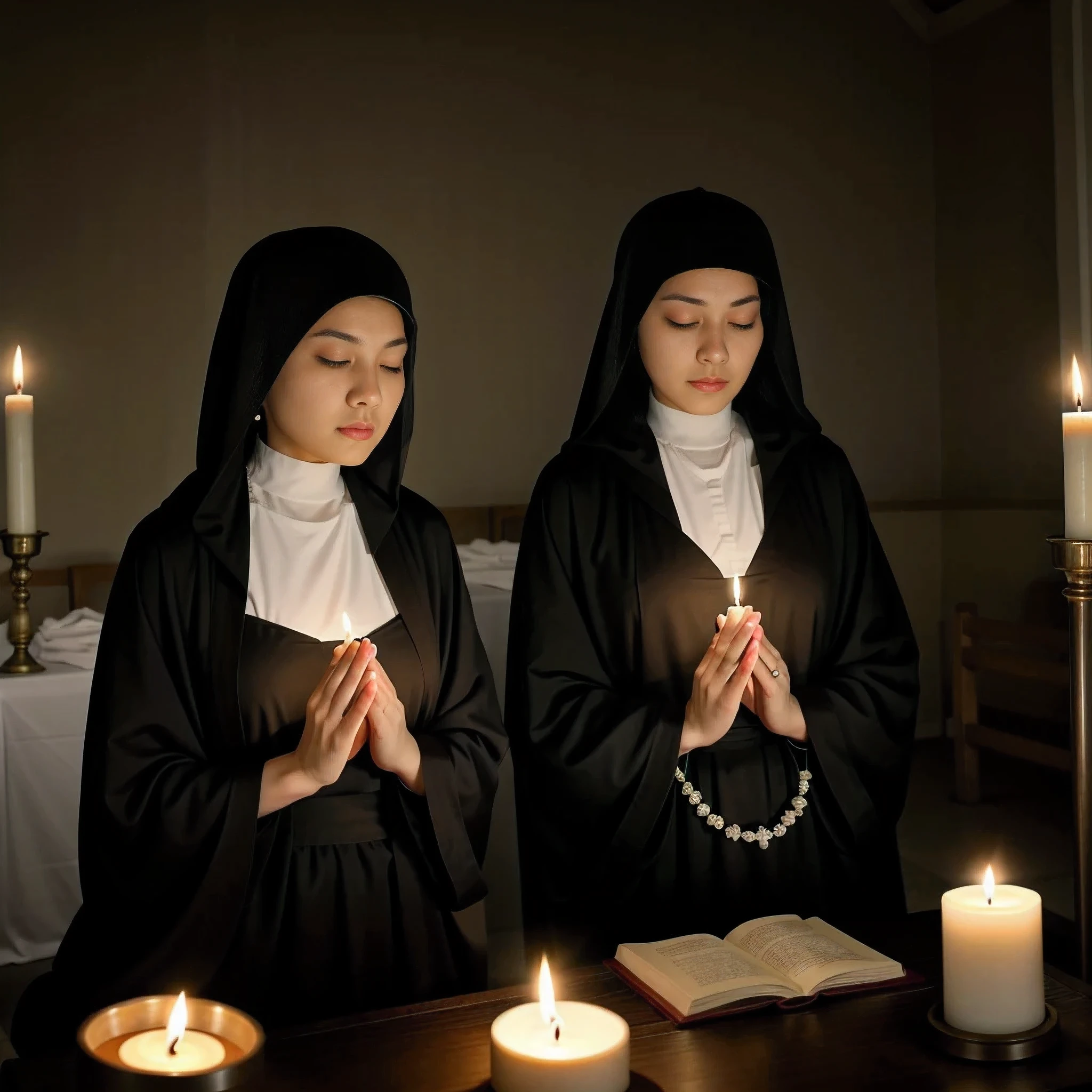 best quality,ultra-detailed,realistic:1.37,Nun,religious,gentle expression,pious,black robe,rosary beads,candle light,sacred,peaceful,tranquil,divine inspiration,soft lighting,quiet meditation,holy,faith,devotion,serene environment,soothing atmosphere,spirituality,sanctuary,church,divine presence