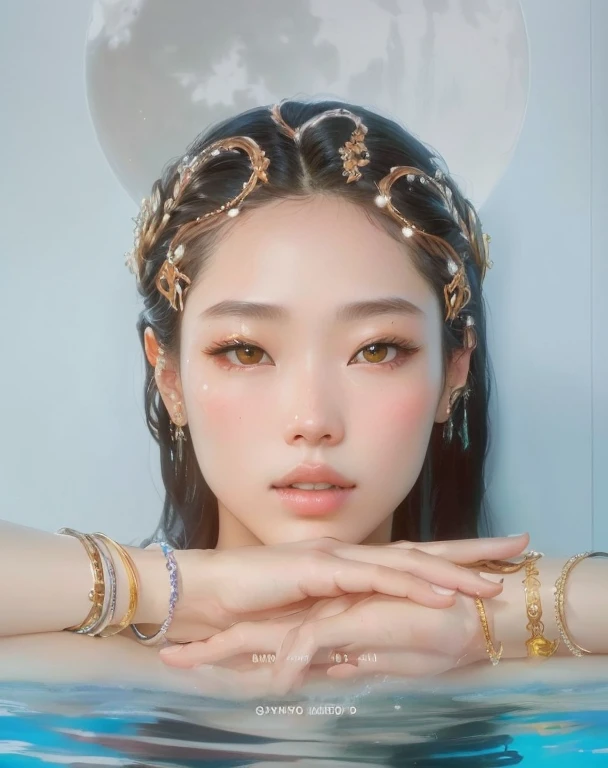 un primer plano de una mujer en un cuerpo de agua con una luna al fondo, Yanjun Chengt, Jennie rosa negra, kim taejin, jaeyeon nam, Wenfei Ye, Gongbi, steven jung, inspirado en Yanjun Cheng, Gemma Chen, jia, reina del mar mu yanling, shaxi, jinyoung shin, aesthetic!!!!!! genio femenino