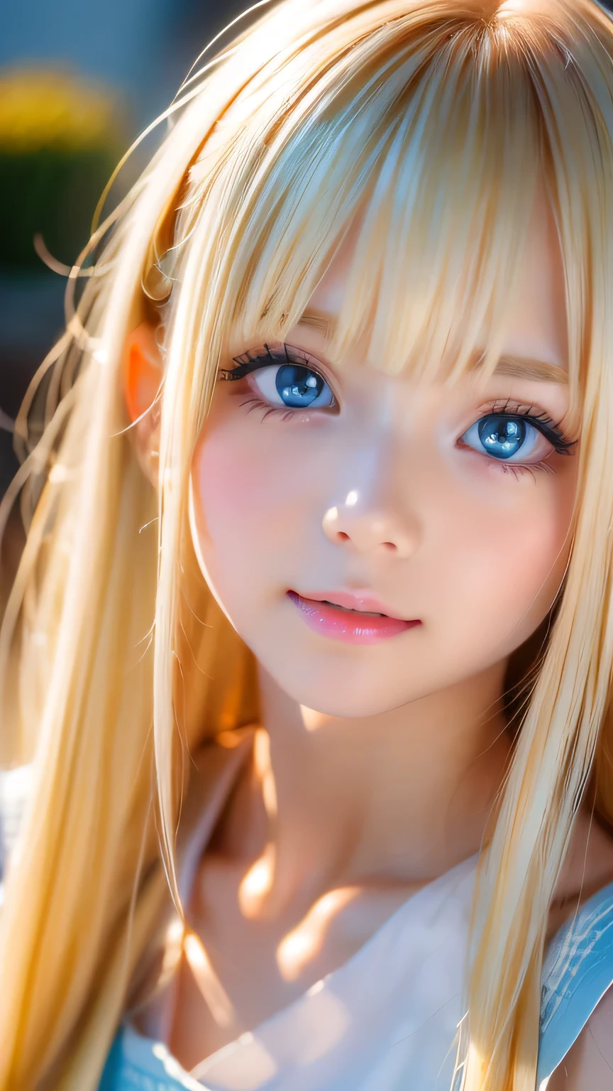 (Close-up:1.4)、(RAW shooting:1.2)、(Photorealistic:1.4)、(masterpiece:1.3)、(highest quality:1.4)、Bright expression、very beautiful blonde girl、Extraordinary blonde beauty、Detailed cute and beautiful face、Beautiful bangs、Shiny white glossy skin、Facial hair、Bangs that reach the face、Bangs between the eyes、Super long blonde hair、Attractive bright platinum blonde super long straight silky hair、Thin Hair、Attractive shining beautiful bright clear light blue big eyes、White Apron、Yellow dress、eyeliner、Double eyelids、Ample Bust、Upper body、