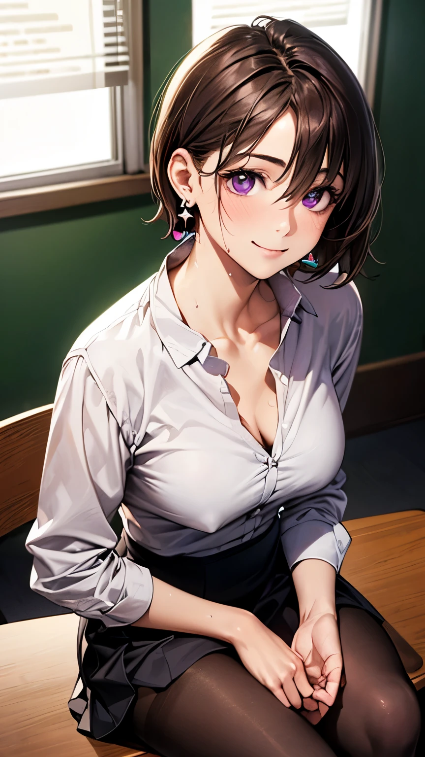 (masterpiece:1.2, highest quality), (Realistic, photoRealistic:1.4), Beautiful illustrations, (Natural Side Lighting, Cinema Lighting), 
View your viewers, (),  close, 1 female, Japanese, 22 years old, High School Teacher, Perfect Face, Cute and symmetrical face, Shiny skin, Baby Face, 
(short hair, Straight hair, Dark brown hair), Hair between the eyes, Deep purple eyes, (Earrings, 
Beautiful Hair, Beautiful Face, Beautiful fine details, Beautiful clavicle, Beautiful body, Beautiful , Beautiful thighs, Beautiful feet, Beautiful fingers, 
(A shirt with a bold open ), skirt，Black Pantyhose, purple neck ribbon),  is visible through the shirt
(Beautiful views), evening, classroom, blackboard, sitting school chair, Are standing, (Cute smile, Upward glance), sweat ,