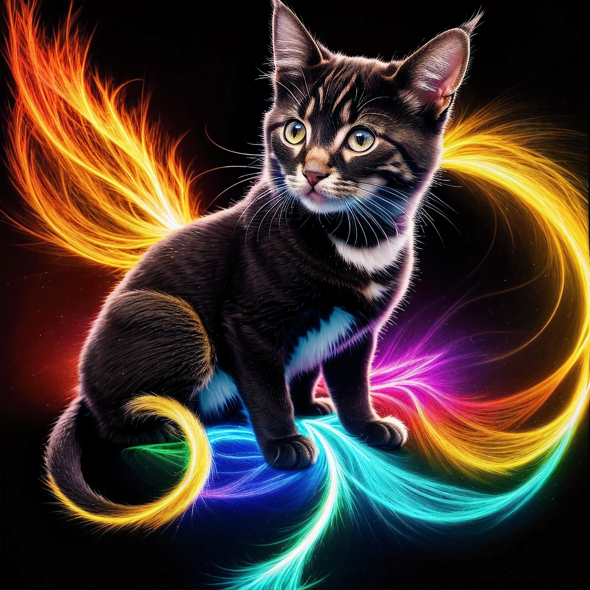 a painting of a colorful kitten on a black background,, breathtaking rendering, within a radiant connection, inspired by Kinuko Y. Craft,, magical elements, kitten icon, wow, is beautiful, casting a multi colorful spell, bright flash, flash