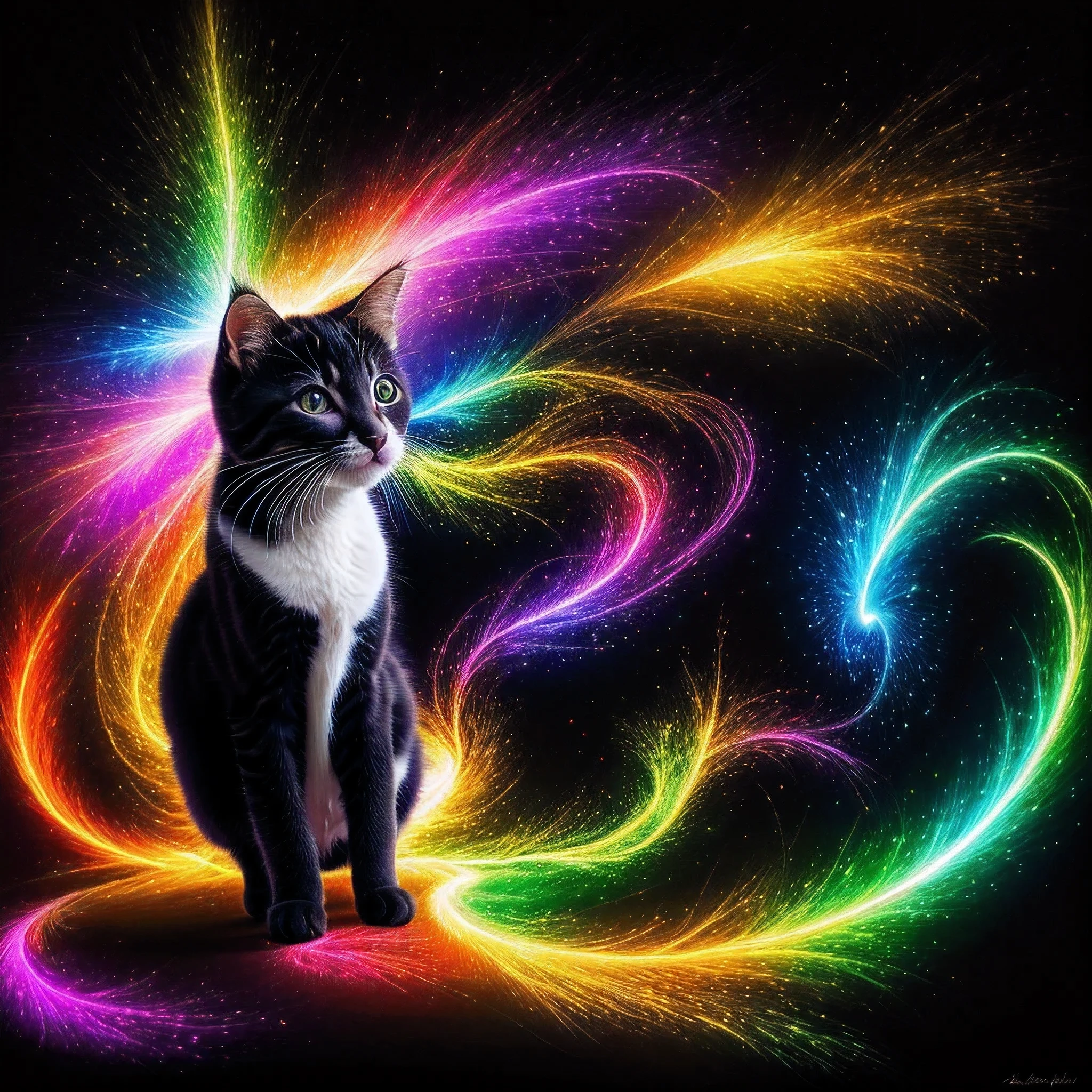 a painting of a colorful kitten on a black background,, breathtaking rendering, within a radiant connection, inspired by Kinuko Y. Craft,, magical elements, kitten icon, wow, is beautiful, casting a multi colorful spell, bright flash, flash