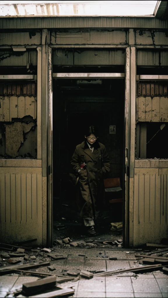 subway,Showa,Collapse,Devastation,Inside the ruins,Glasses,Women,adventure,Black and White,