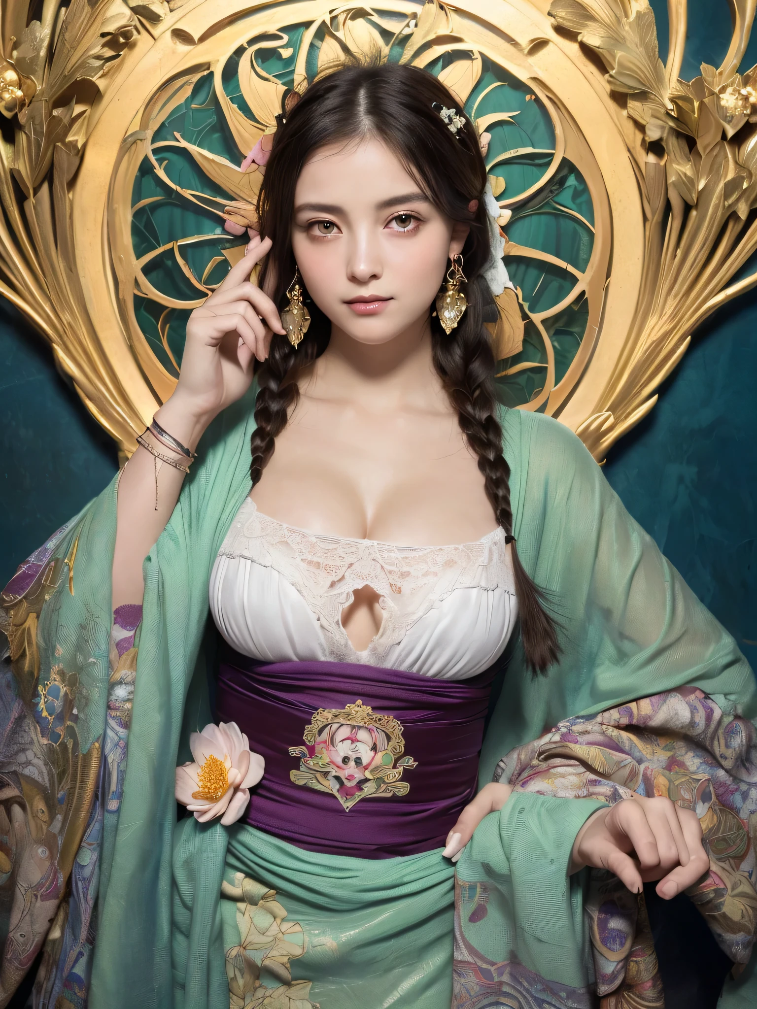 (sfw:1.5)、High resolution symmetrical images, 21 years old, Japan, Movie photo with tattoos on waist, chest and arms, Cleavage、((Close-up face:1.1))、Upper body portrait、(((Full body tattoos)))、 (Lotus tattoo)、 ((Close-up chest:1.5, Underarm, 胸のAngle from below)), Blonde braids, short hair, ((Art Nouveau)), (Ecstasy Face), (Alphonse Mucha), Small earrings, ((Darkness of the night)), Angle from below、(Anatomically correct fingers)、（Perfect body proportions)、(Natural Hands、Natural Fingers)、(Breast Goddess, Woman born from flowers, ((Round face)), Realistic Eye Size, Droopy eyes, smile,Bathed in the moonlight、Big Eyes、Droopy eyes
