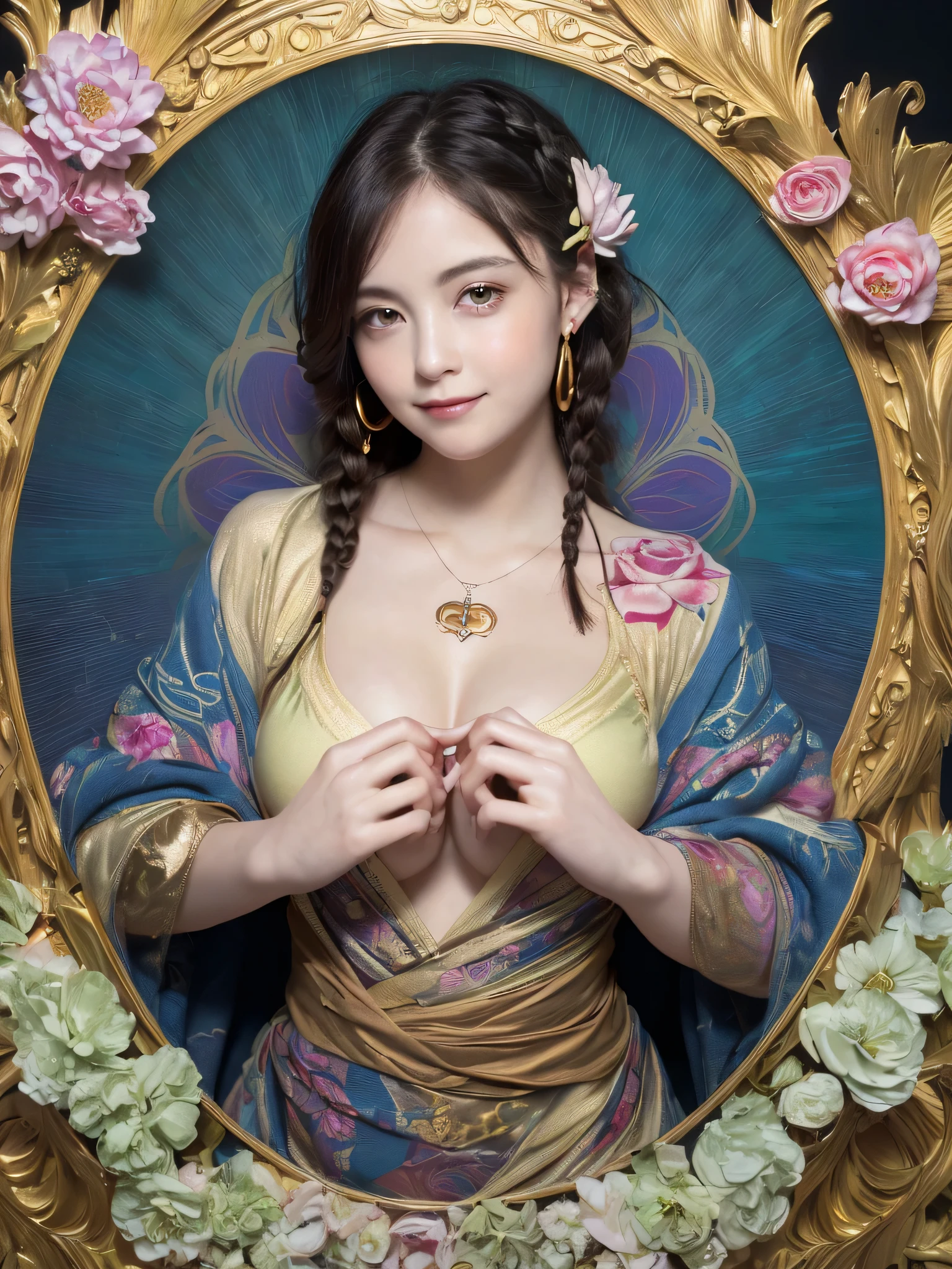 (sfw:1.5)、High resolution symmetrical images, 21 years old, Japan, Movie photo with tattoos on waist, chest and arms, Cleavage、((Close-up face:1.1))、Upper body portrait、(((Full body tattoos)))、 (Lotus tattoo)、 ((Close-up chest:1.5, Underarm, 胸のAngle from below)), Blonde braids, short hair, ((Art Nouveau)), (Ecstasy Face), (Alphonse Mucha), Small earrings, ((Darkness of the night)), Angle from below、(Anatomically correct fingers)、(Perfect body proportions)、(Natural Hands、Natural Fingers)、(Breast Goddess, Woman born from flowers, ((Round face)), Realistic Eye Size, Droopy eyes, smile,Bathed in the moonlight、Big Eyes、Droopy eyes