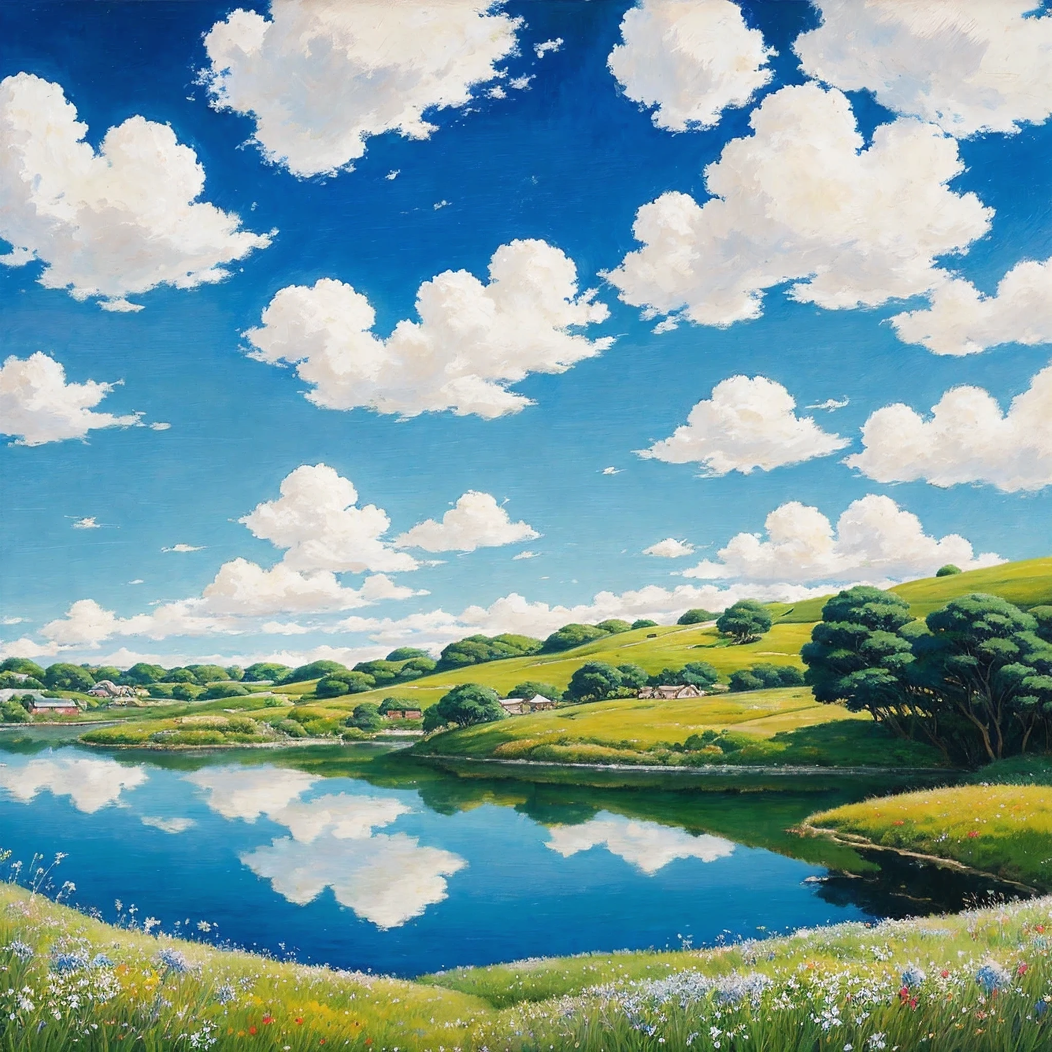 Realistic, authentic, beautiful and amazing landscape oil painting Studio Ghibli Hayao Miyazaki&#39;s petal grassland with blue sky and white clouds